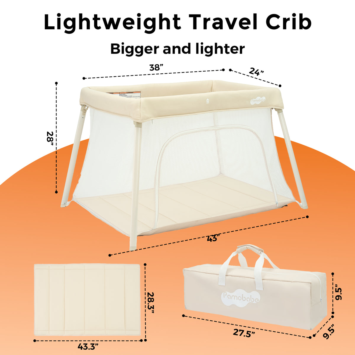 Pamo Babe Travel Crib, Portable Pack and Play with Mattress for Toddlers