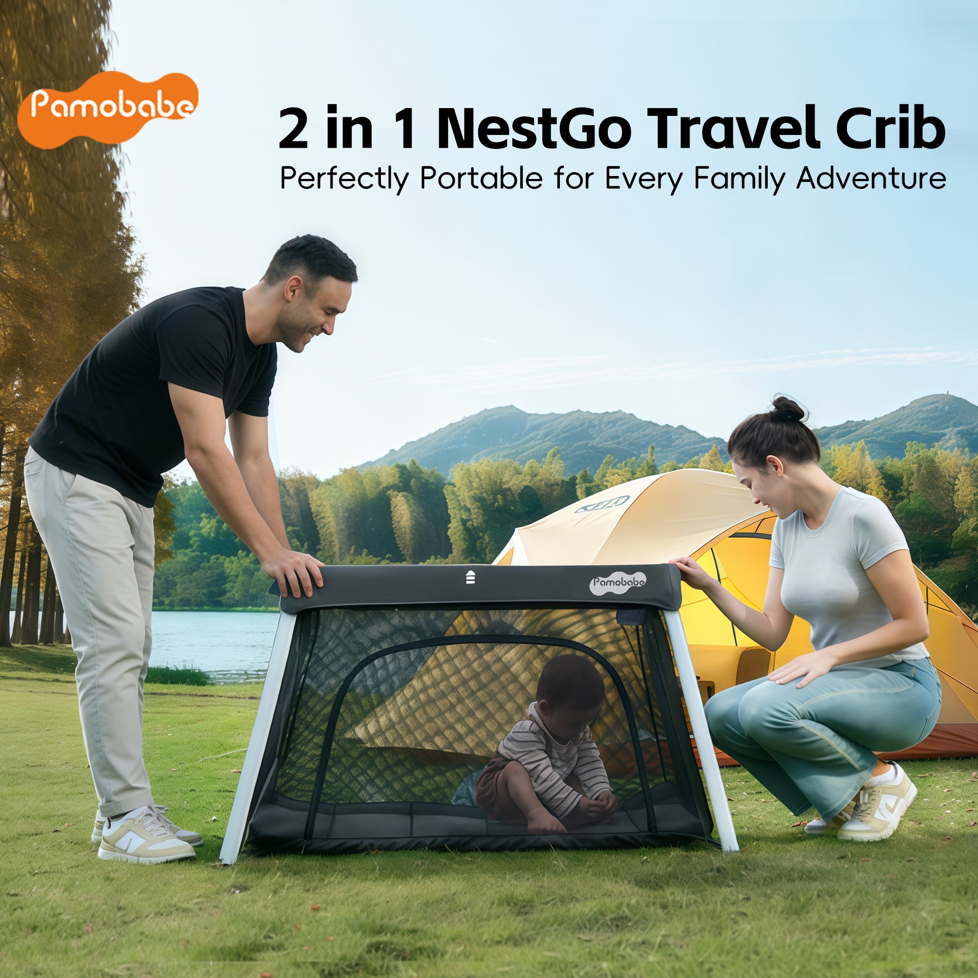 Pamo Babe Travel Crib with Bassinet, Portable Crib with Mattress for Baby Easy Setup Pack and Play Lightweight Backpack Portable Playpen with Zipper Access Door for Travel Holiday Gift - Grey