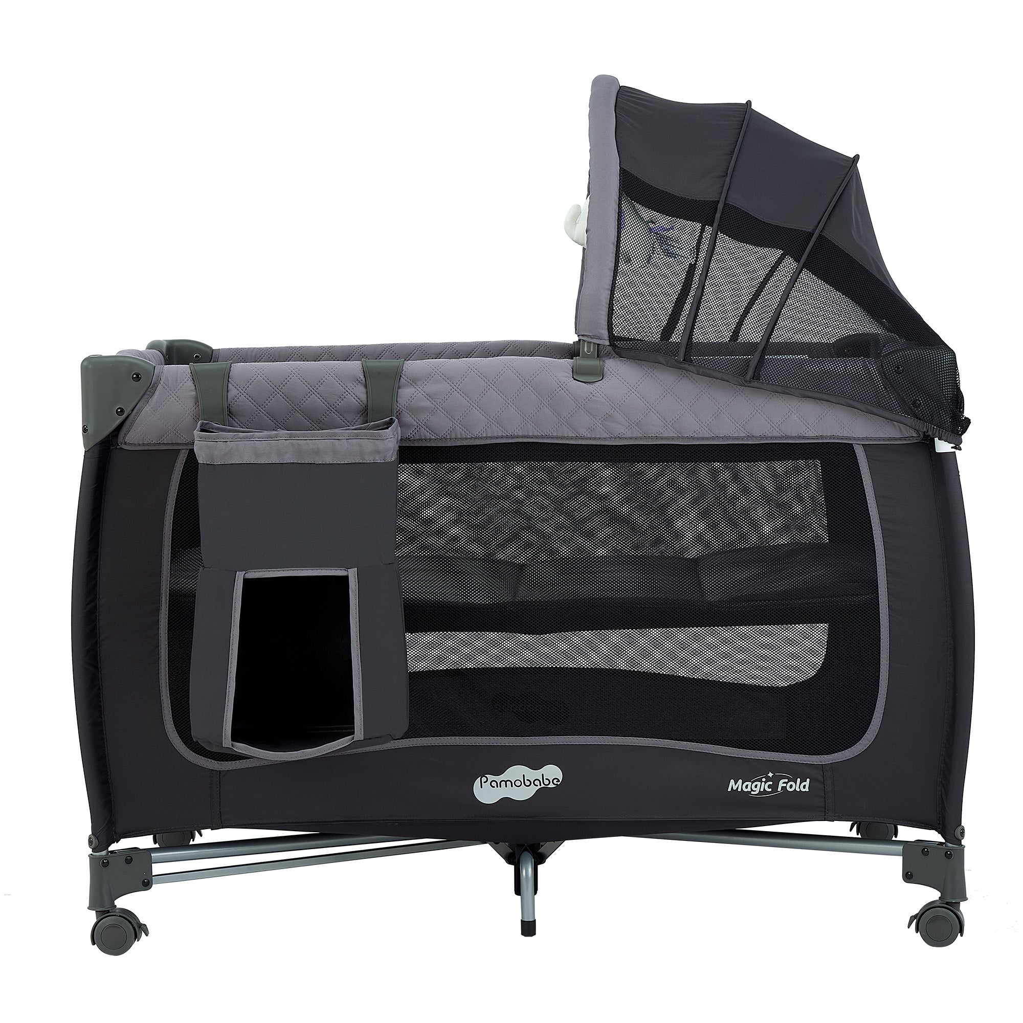 Pamo Babe Unisex Magic Fold 1 Step Portable Baby Play Yard Include Wheels, Canopy, Changing Table for Newborn(Grey)