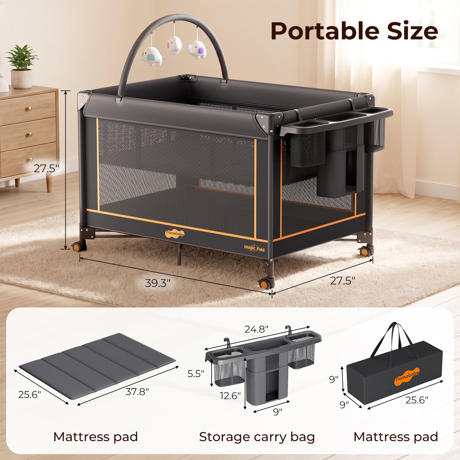 Pamo Babe Pack and Play - Travel Crib with Mattress, Easy Setup Small Portable Playpen for Babies, Lightweight Foldable Baby Playard with Lockable Wheels, Toy Arch & Large Storage Bag