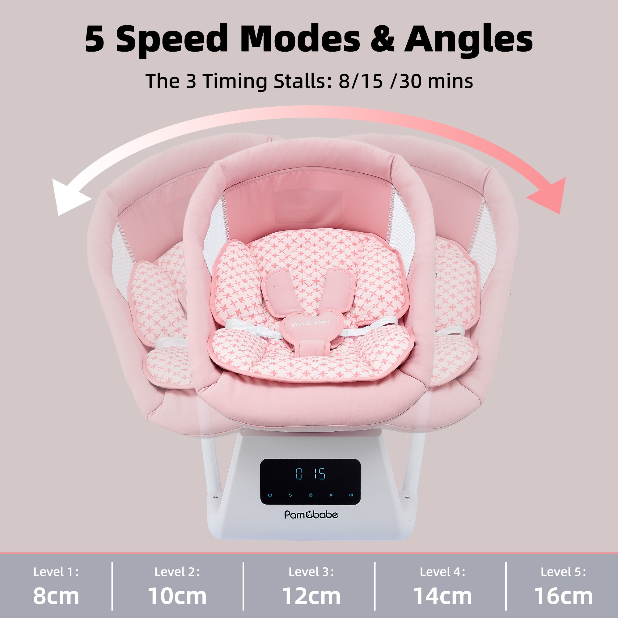 Pamo Babe Baby Swing for Newborns,5 Speeds swing modes, Canopy,Mosquito Net(Pink)