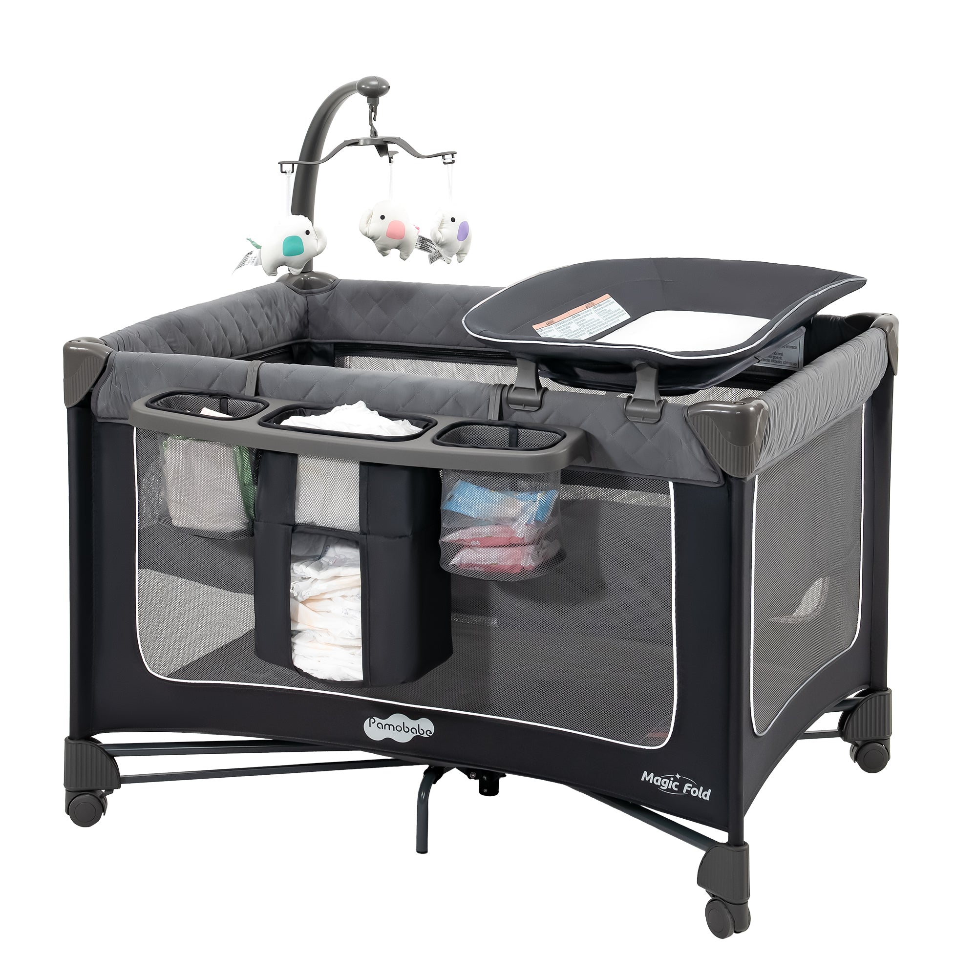 Pamo Babe Magic Fold Pack and Play with Bassinet 1 Step Set Foldable Playards Baby Playard with Changing Table Portable Playpen with Zip Door