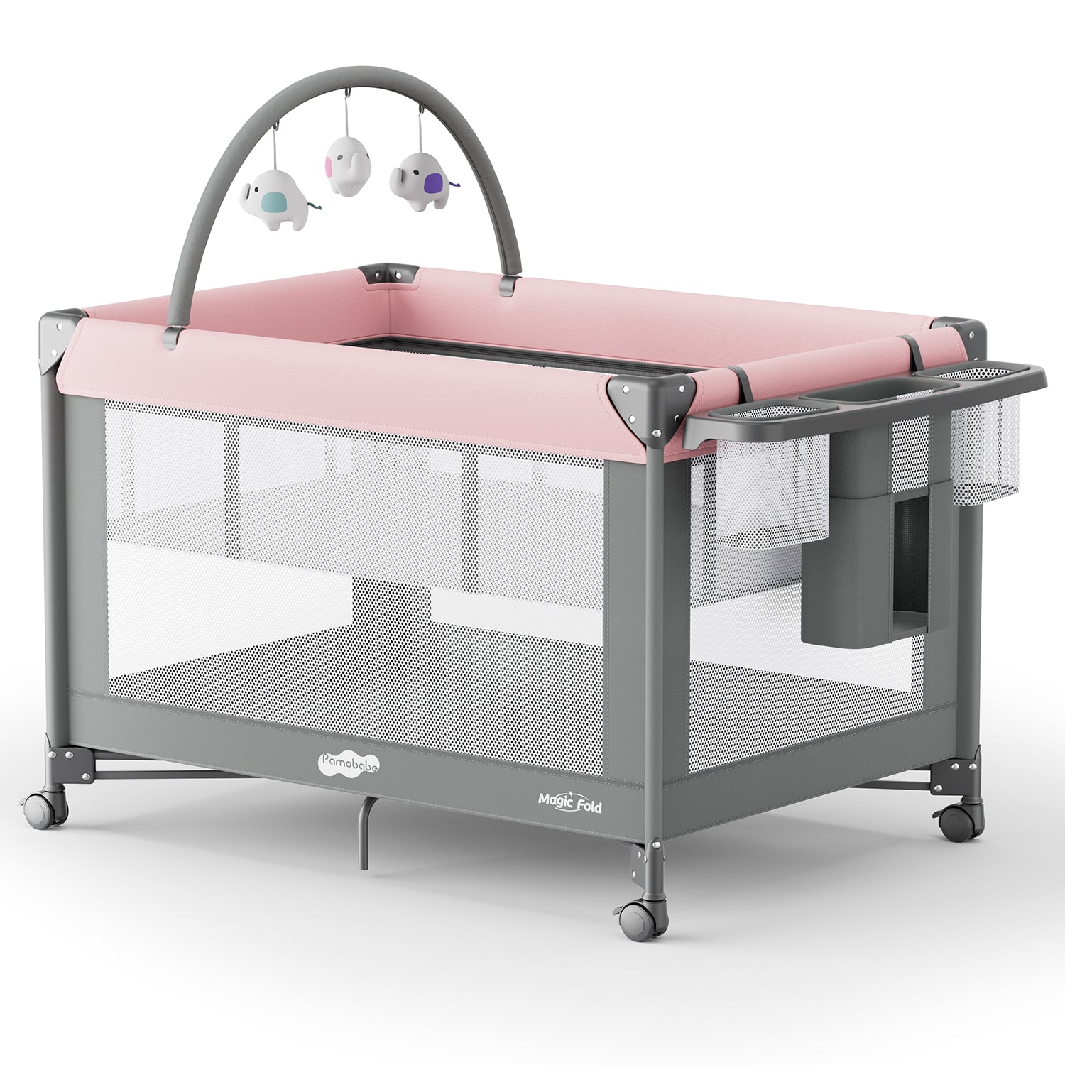 Pamo Babe Pack and Play - Travel Crib with Mattress, Easy Setup Small Portable Playpen for Babies, Lightweight Foldable Baby Playard with Lockable Wheels, Toy Arch & Large Storage Bag
