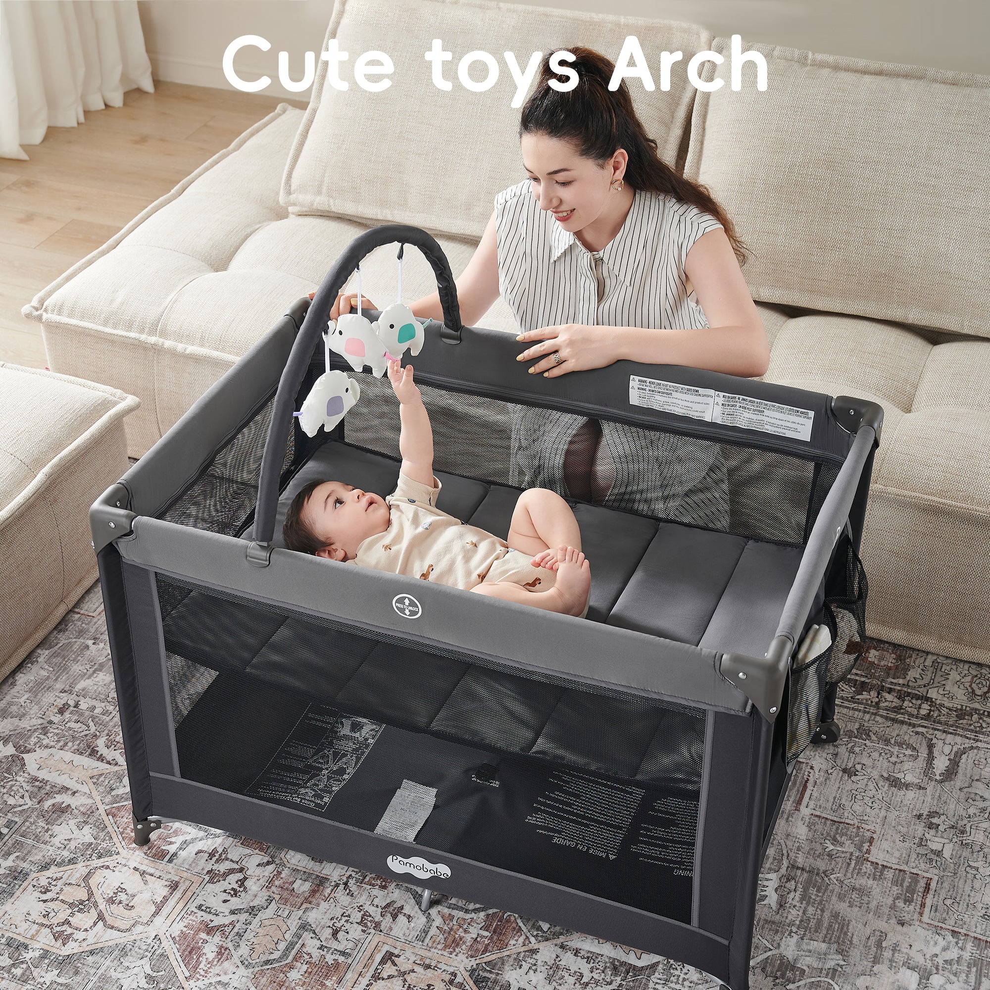 Pamo Babe Portable Playard,Sturdy Play Yard with Mattress and Toy bar with Soft Toys