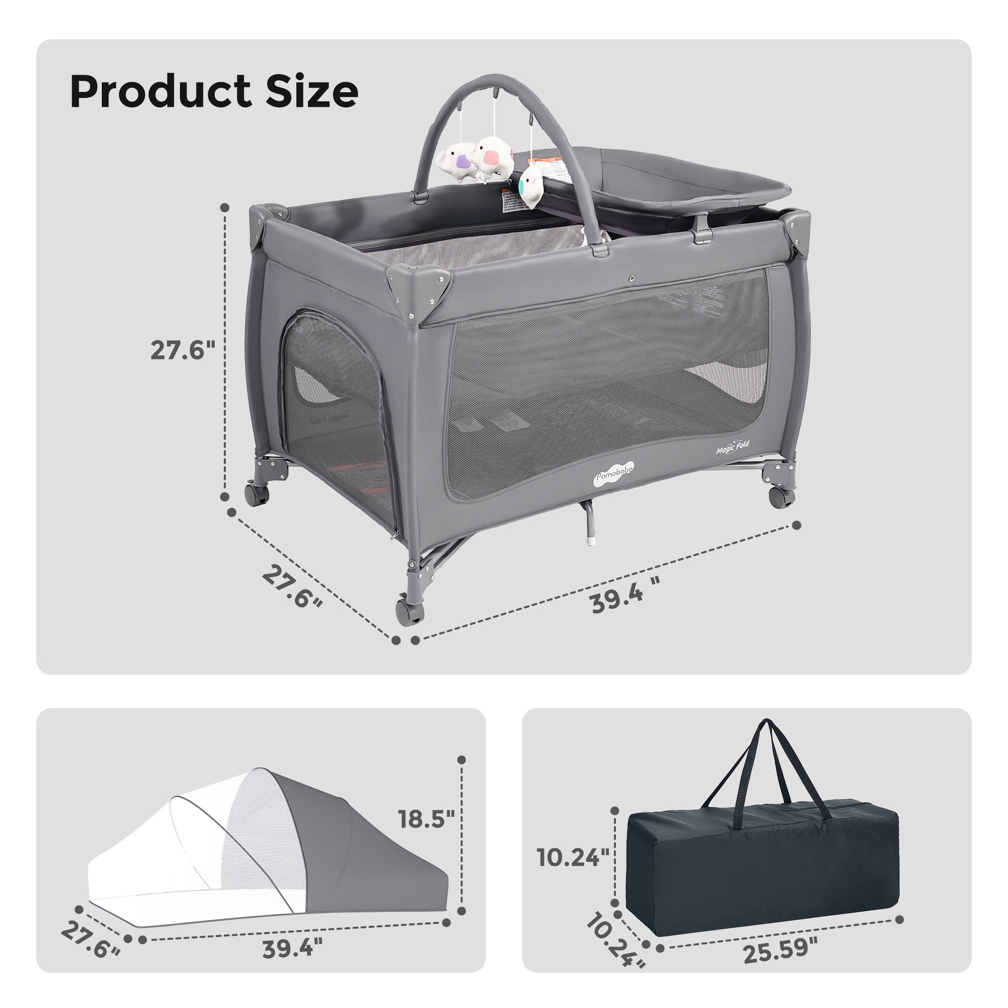 Pamo Babe 1-Second Setup 4-in-1 Playard for Babies - Portable Crib with Mosquito Net & Changing Table, Breathable Mesh, Toy Bar
