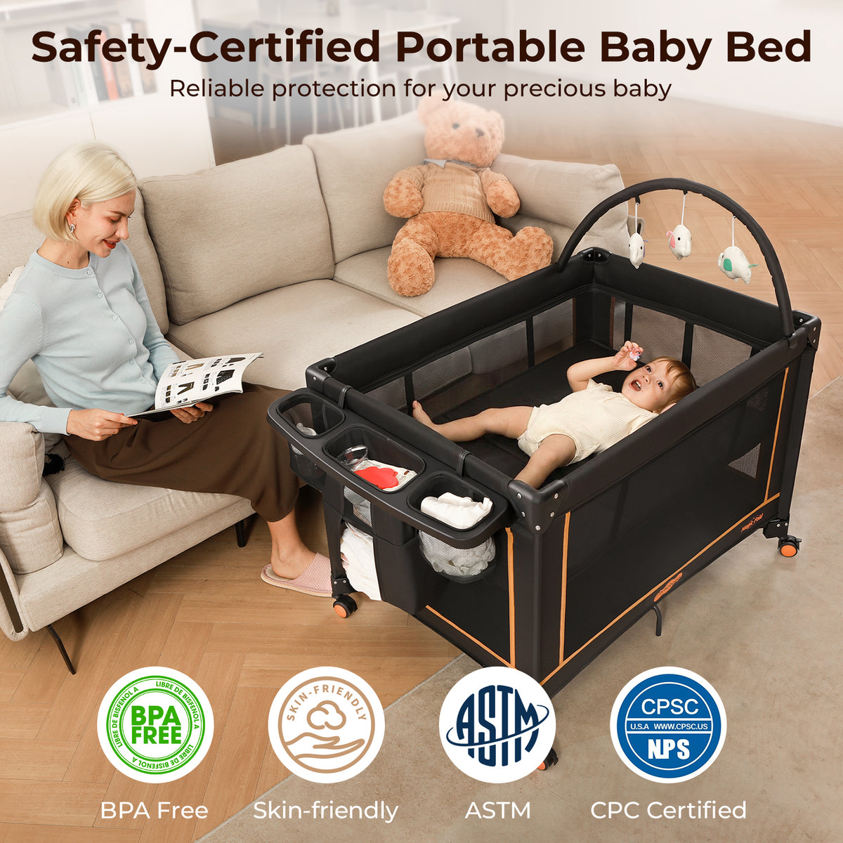 Pamo Babe Pack and Play - Travel Crib with Mattress, Easy Setup Small Portable Playpen for Babies, Lightweight Foldable Baby Playard with Lockable Wheels, Toy Arch & Large Storage Bag