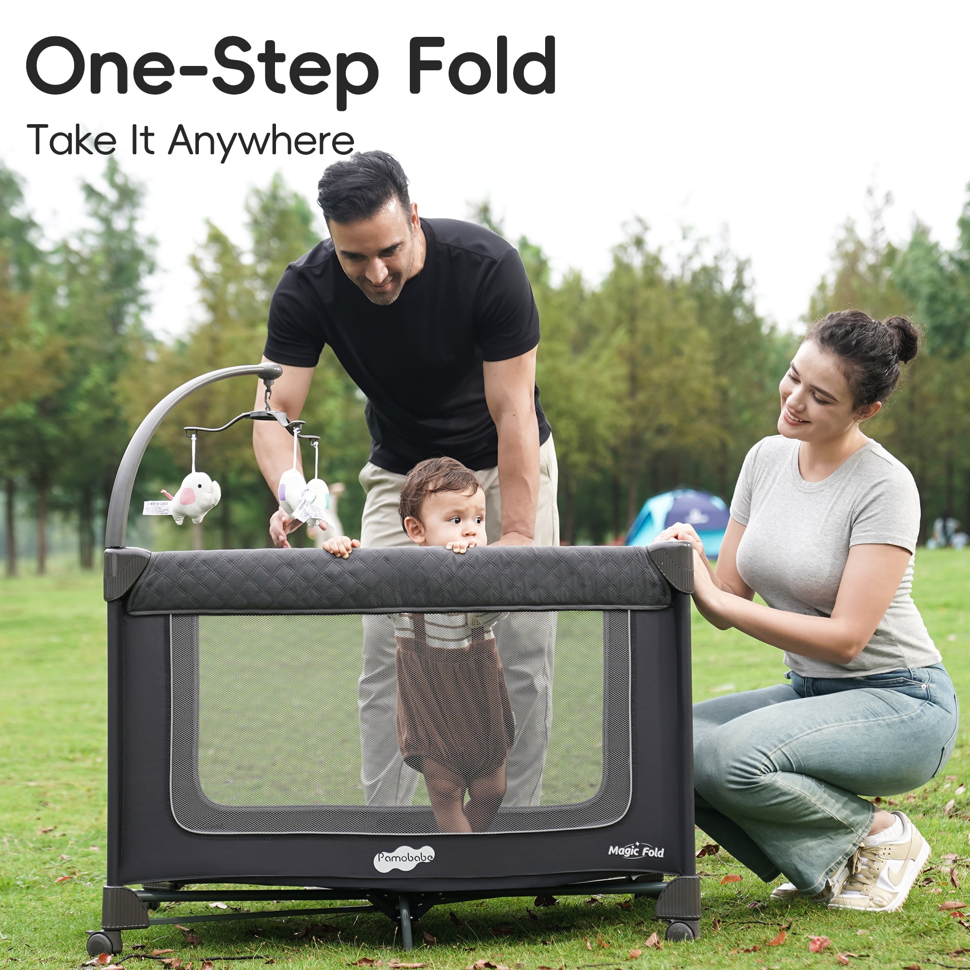Pamo Babe Magic Fold Pack and Play with Bassinet 1 Step Set Foldable Playards Baby Playard with Changing Table Portable Playpen with Zip Door