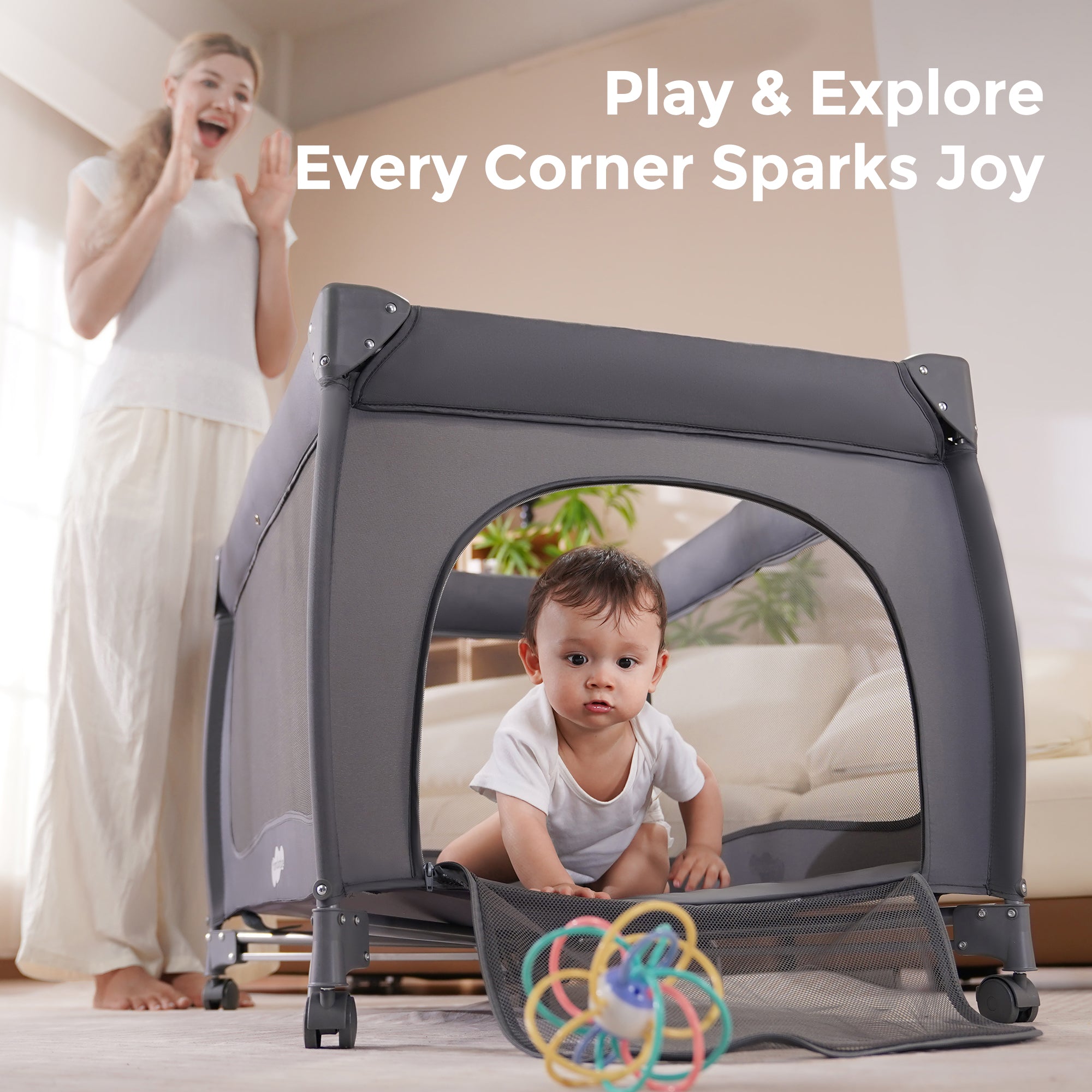 Pamo Babe 1-Second Setup 4-in-1 Playard for Babies - Portable Crib with Mosquito Net & Changing Table, Breathable Mesh, Toy Bar