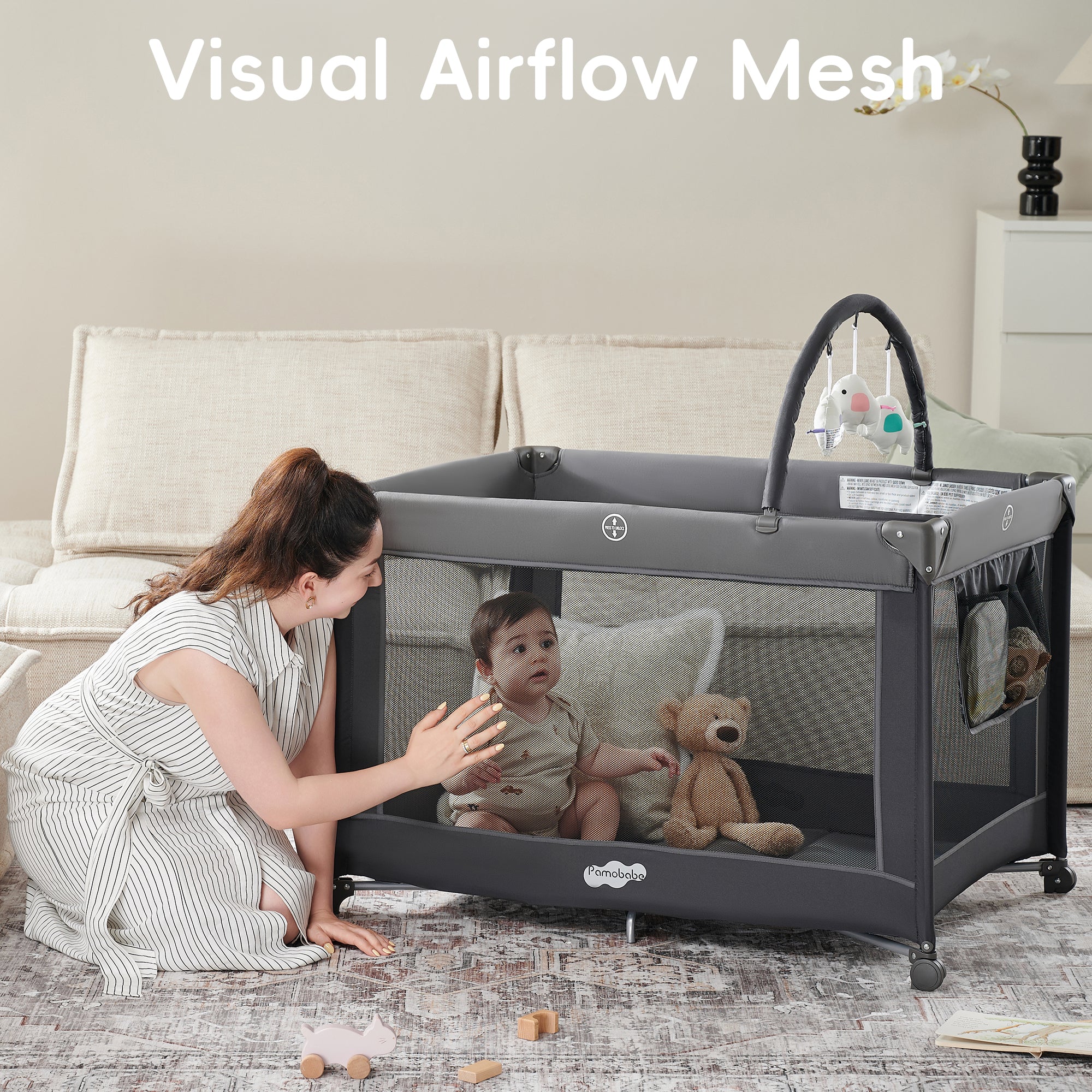 Pamo Babe Portable Playard,Sturdy Play Yard with Mattress and Toy bar with Soft Toys