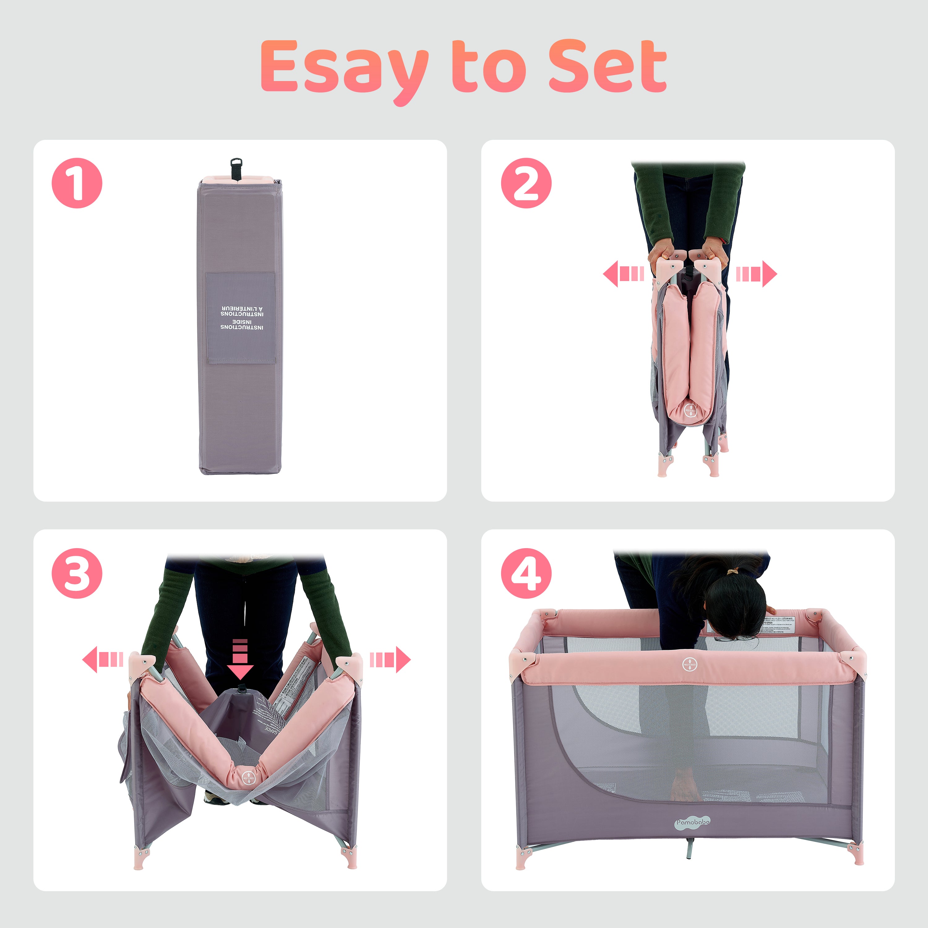 Pamo Babe Portable Crib with Mattress & Carry Grey