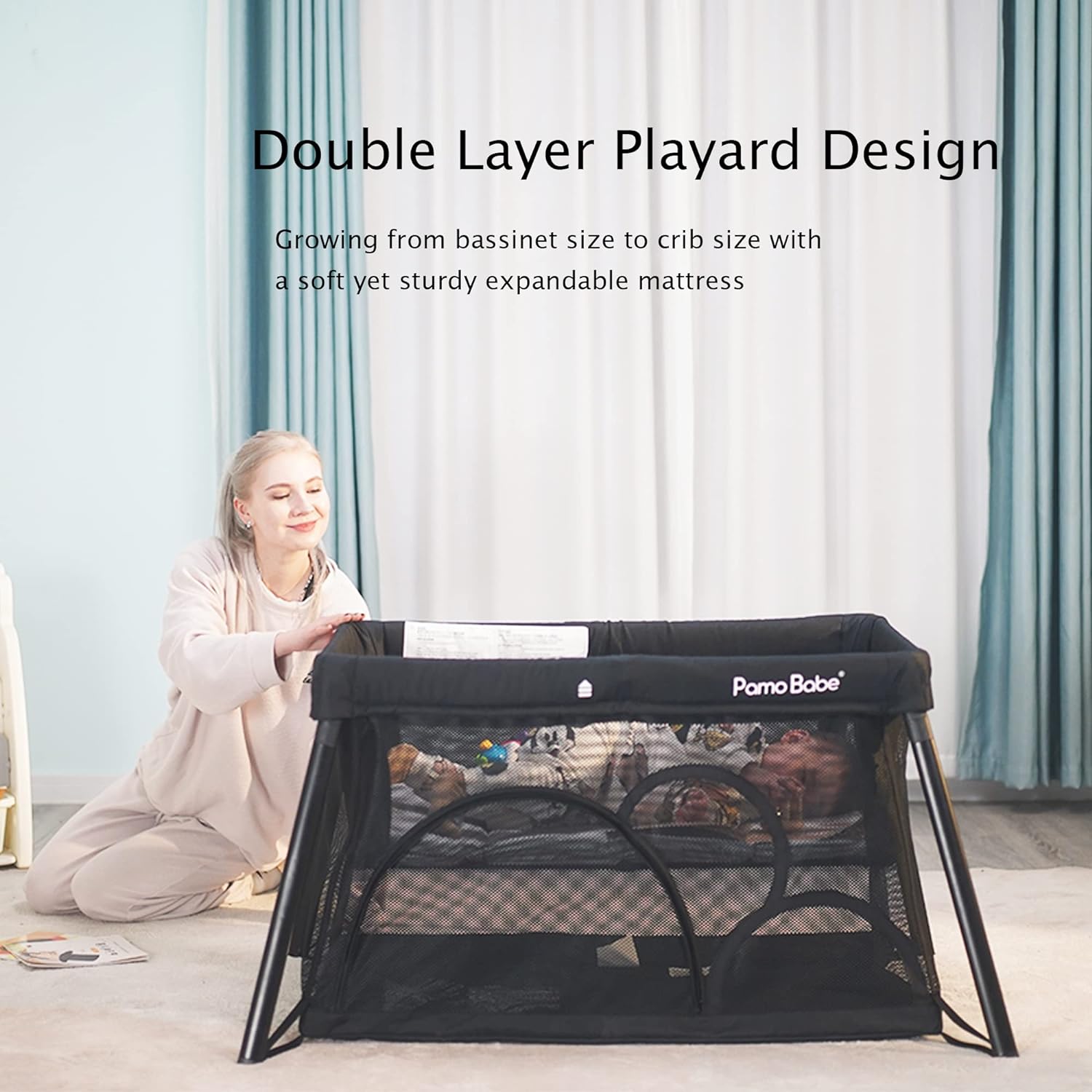 Pamo Babe Portable Crib for Baby Lightweight Playpen, Foldable Travel Playard with Comfortable Mattress for Babies to Toddler