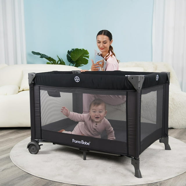 Pamo Babe Unisex Playard with Bassinet & Changing Table, Black