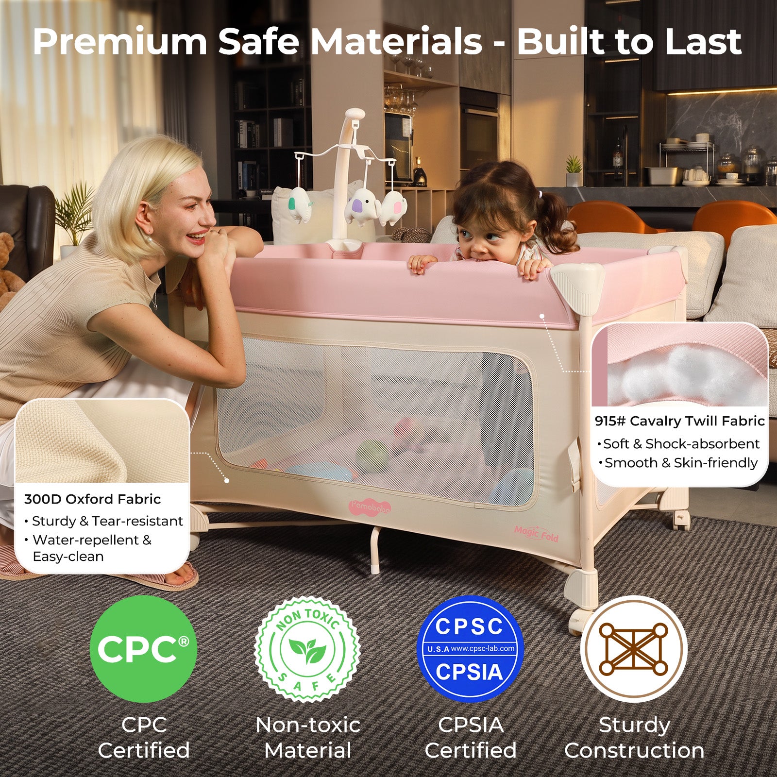 Pamo Babe 5 in 1 Pack and Play - One-Step Setup Bedside Crib, Portable Playard with Mattress, Toy Bar & Storage Bag