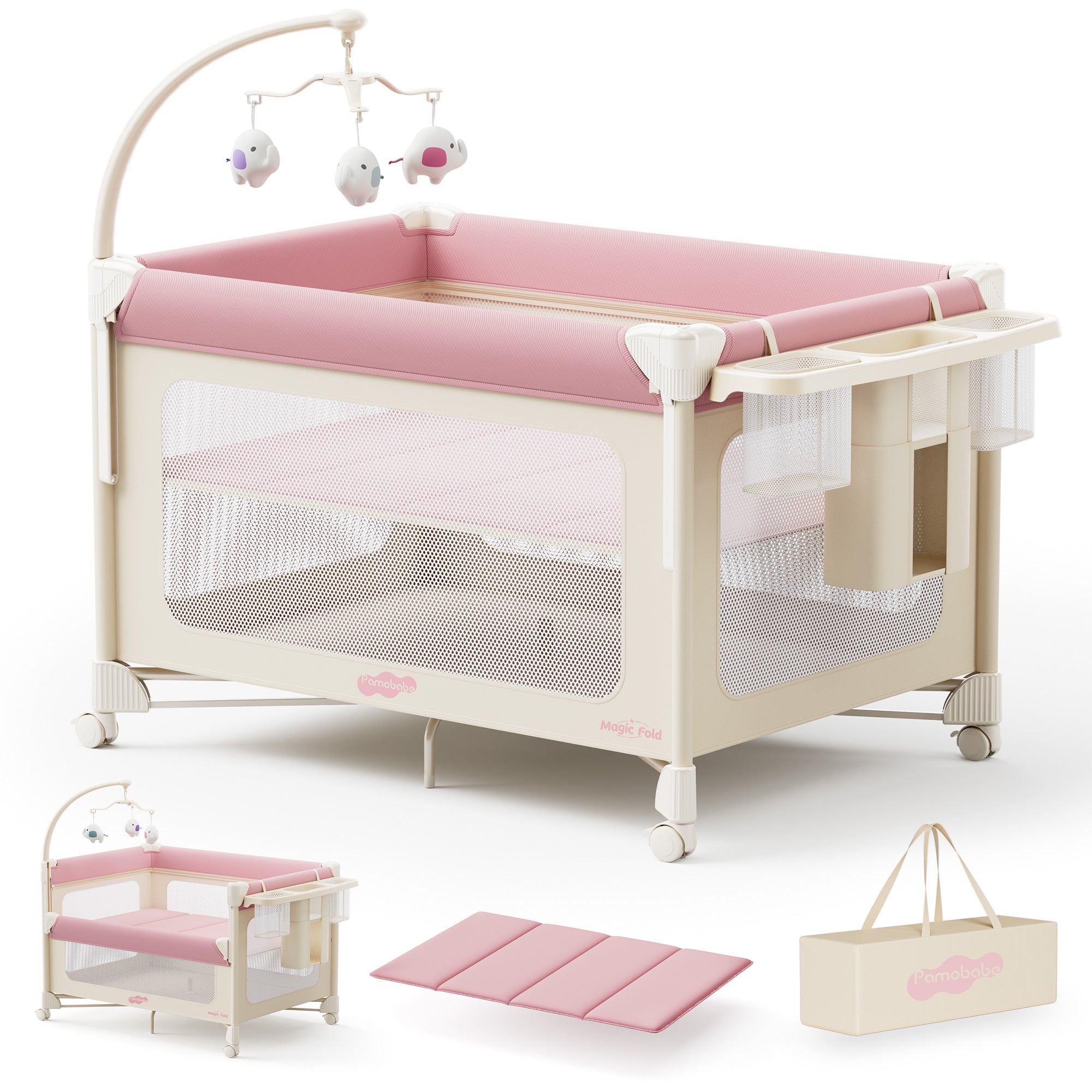 Pamo Babe 5 in 1 Pack and Play - One-Step Setup Bedside Crib, Portable Playard with Mattress, Toy Bar & Storage Bag