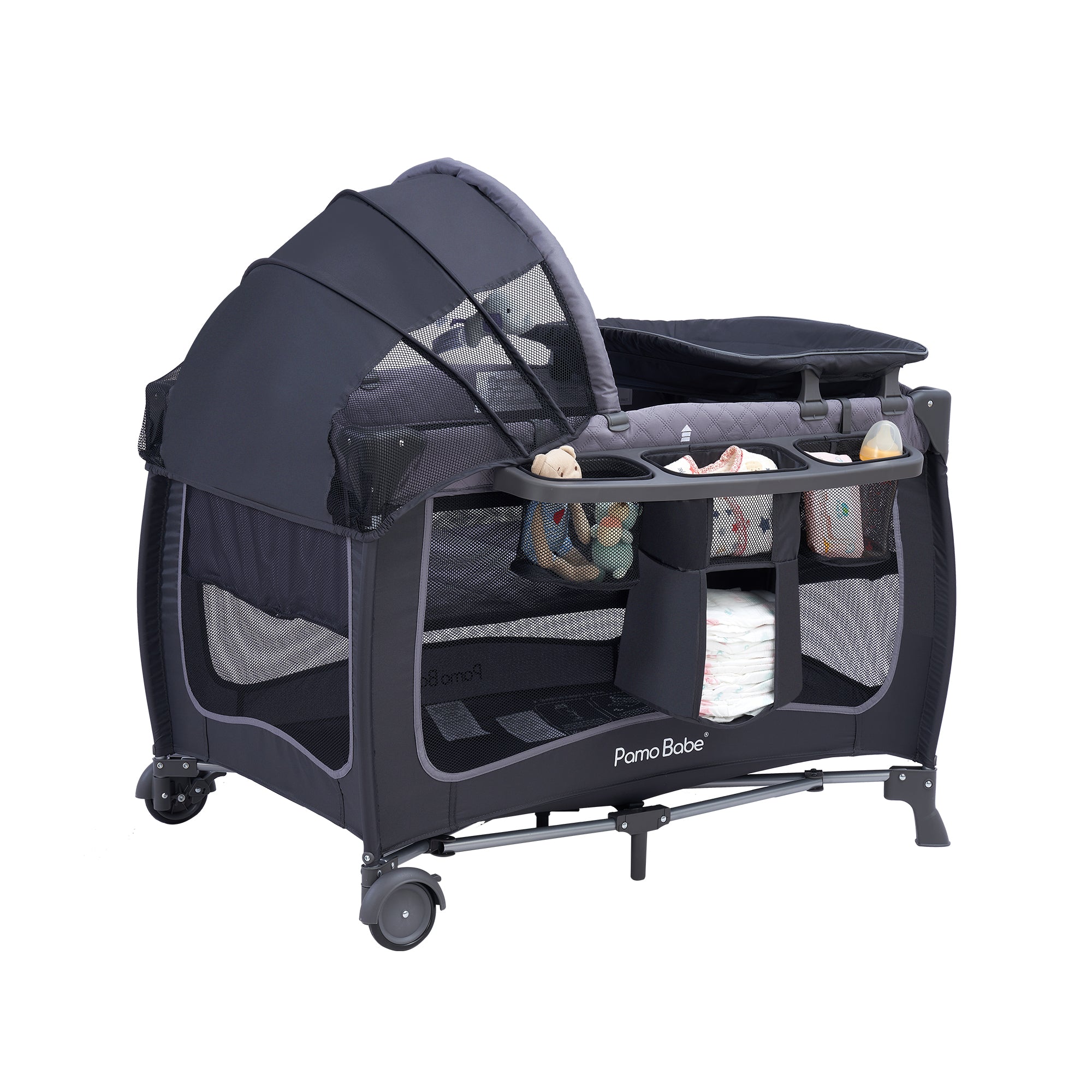 Pamo Babe Baby Playard with Canopy, Portable Crib with Changing Table