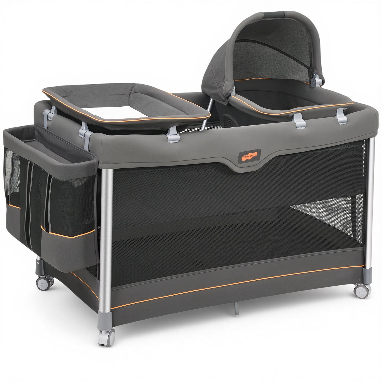 Pamo Babe 6-in-1 Pack and Play with Bassinet, Deluxe One-Step Setup Baby Bassinet with Changing Table, Sleeper Nest, Storage Bag, 4 Wheels Portable Crib Travel Playpen for Baby and Toddler