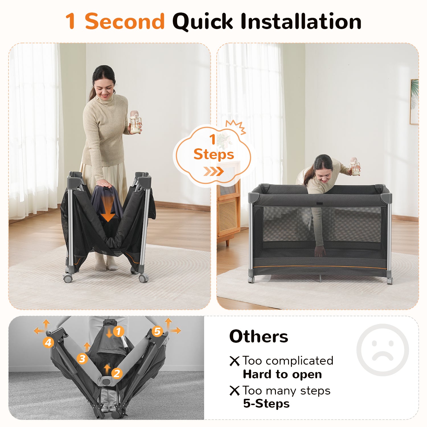 Pamo Babe 6-in-1 Pack and Play with Bassinet, Deluxe One-Step Setup Baby Bassinet with Changing Table, Sleeper Nest, Storage Bag, 4 Wheels Portable Crib Travel Playpen for Baby and Toddler