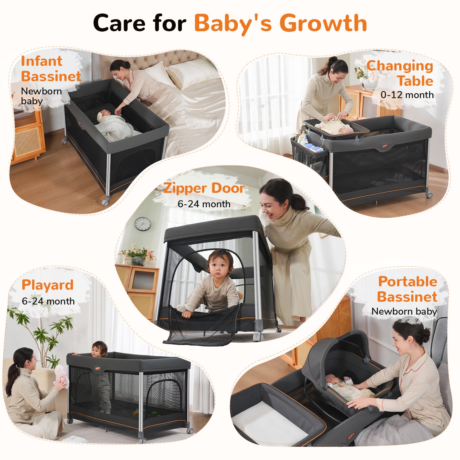 Pamo Babe 6-in-1 Pack and Play with Bassinet, Deluxe One-Step Setup Baby Bassinet with Changing Table, Sleeper Nest, Storage Bag, 4 Wheels Portable Crib Travel Playpen for Baby and Toddler