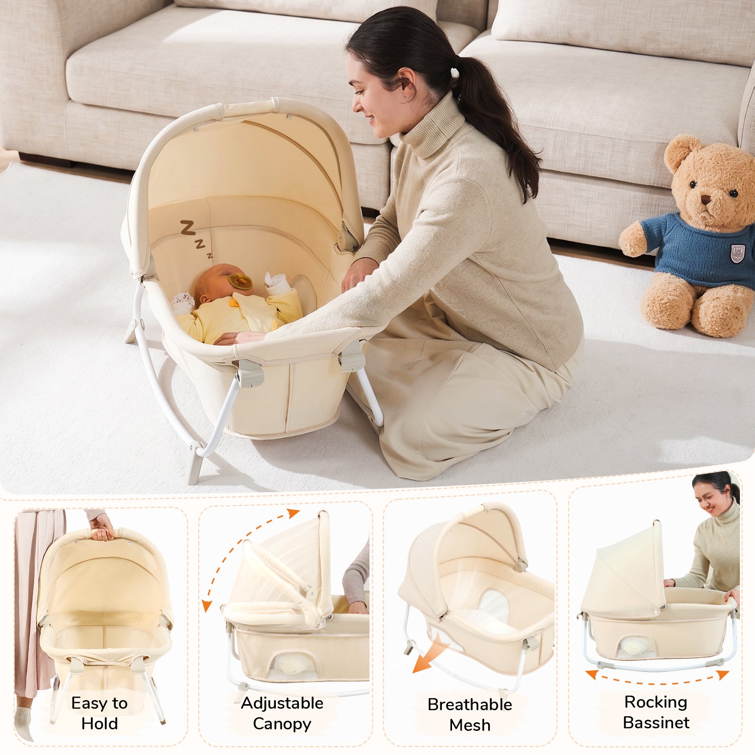 Pamo Babe 6-in-1 Pack and Play with Bassinet, Deluxe One-Step Setup Baby Bassinet with Changing Table, Sleeper Nest, Storage Bag, 4 Wheels Portable Crib Travel Playpen for Baby and Toddler