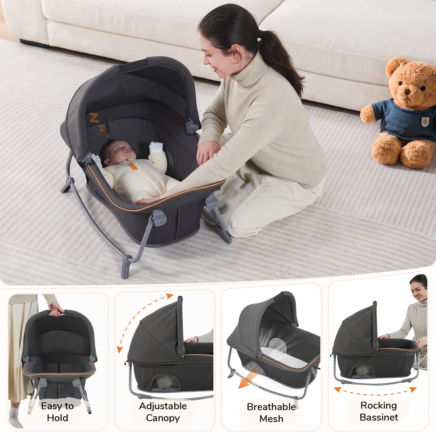 Pamo Babe 6-in-1 Pack and Play with Bassinet, Deluxe One-Step Setup Baby Bassinet with Changing Table, Sleeper Nest, Storage Bag, 4 Wheels Portable Crib Travel Playpen for Baby and Toddler