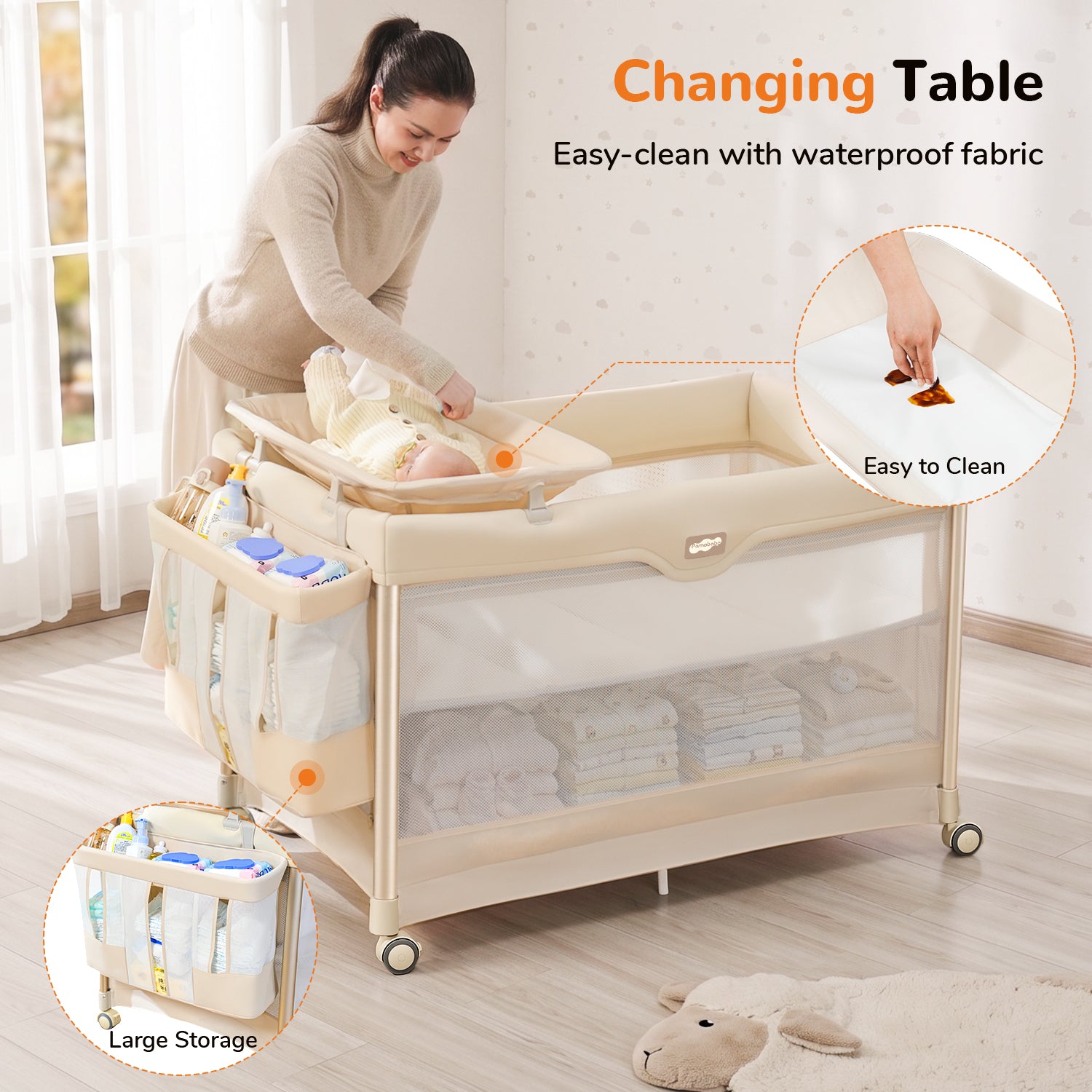 Pamo Babe 6-in-1 Pack and Play with Bassinet, Deluxe One-Step Setup Baby Bassinet with Changing Table, Sleeper Nest, Storage Bag, 4 Wheels Portable Crib Travel Playpen for Baby and Toddler