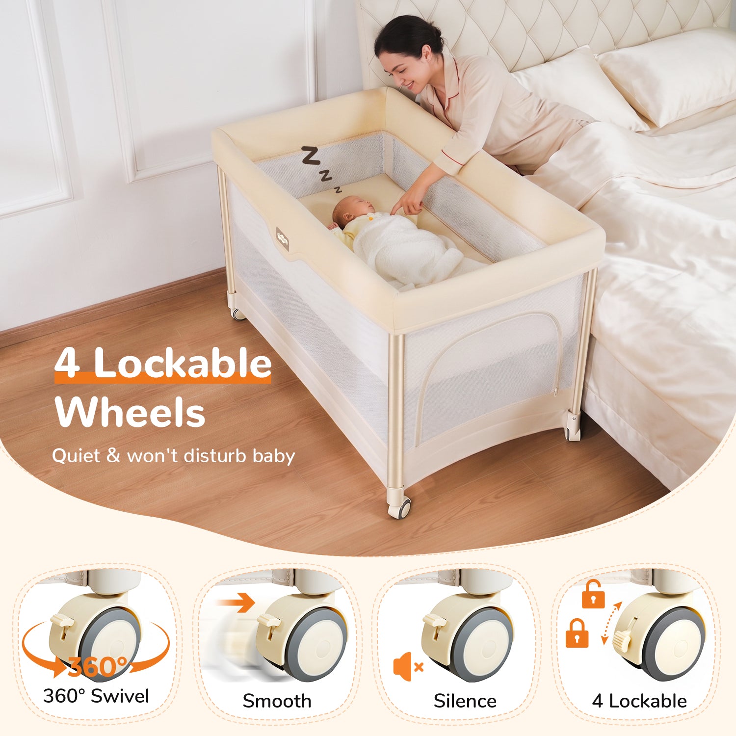 Pamo Babe 6-in-1 Pack and Play with Bassinet, Deluxe One-Step Setup Baby Bassinet with Changing Table, Sleeper Nest, Storage Bag, 4 Wheels Portable Crib Travel Playpen for Baby and Toddler