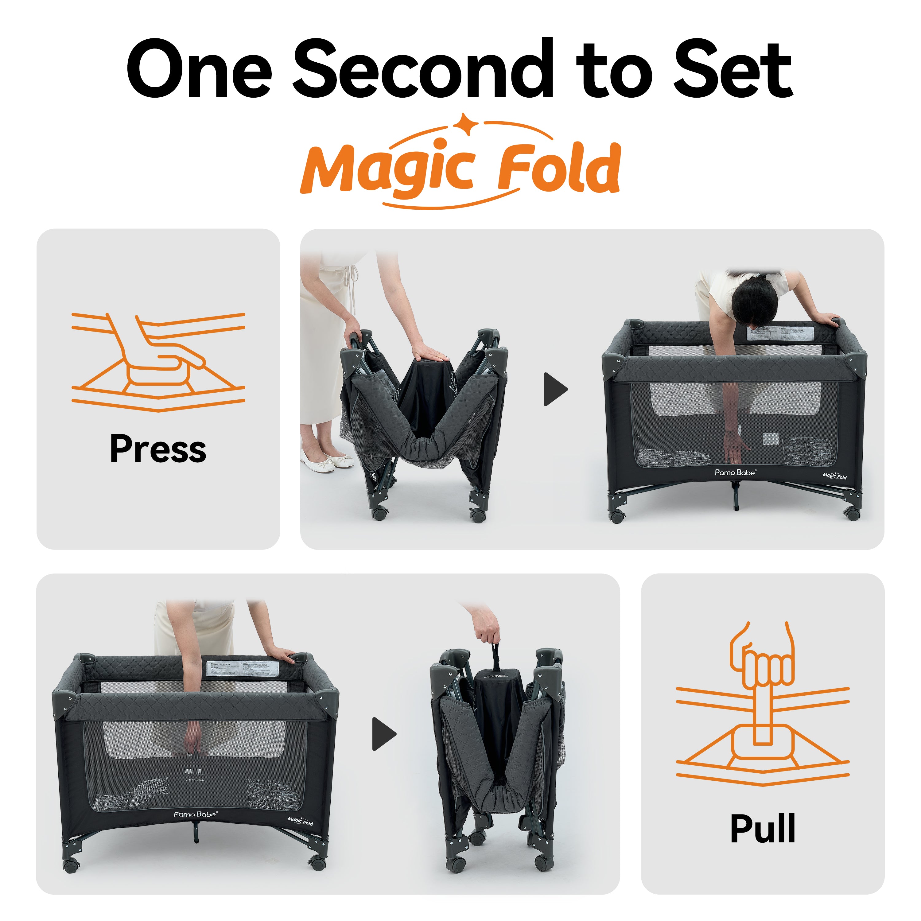 Pamo Babe 1-Second Setup 3-in-1 Playard for Babies - Heavy-Duty Steel Frame for Safe Sleep Space, Portable Crib with Zip Door & Changing Table, Locking Wheels, Breathable Mesh