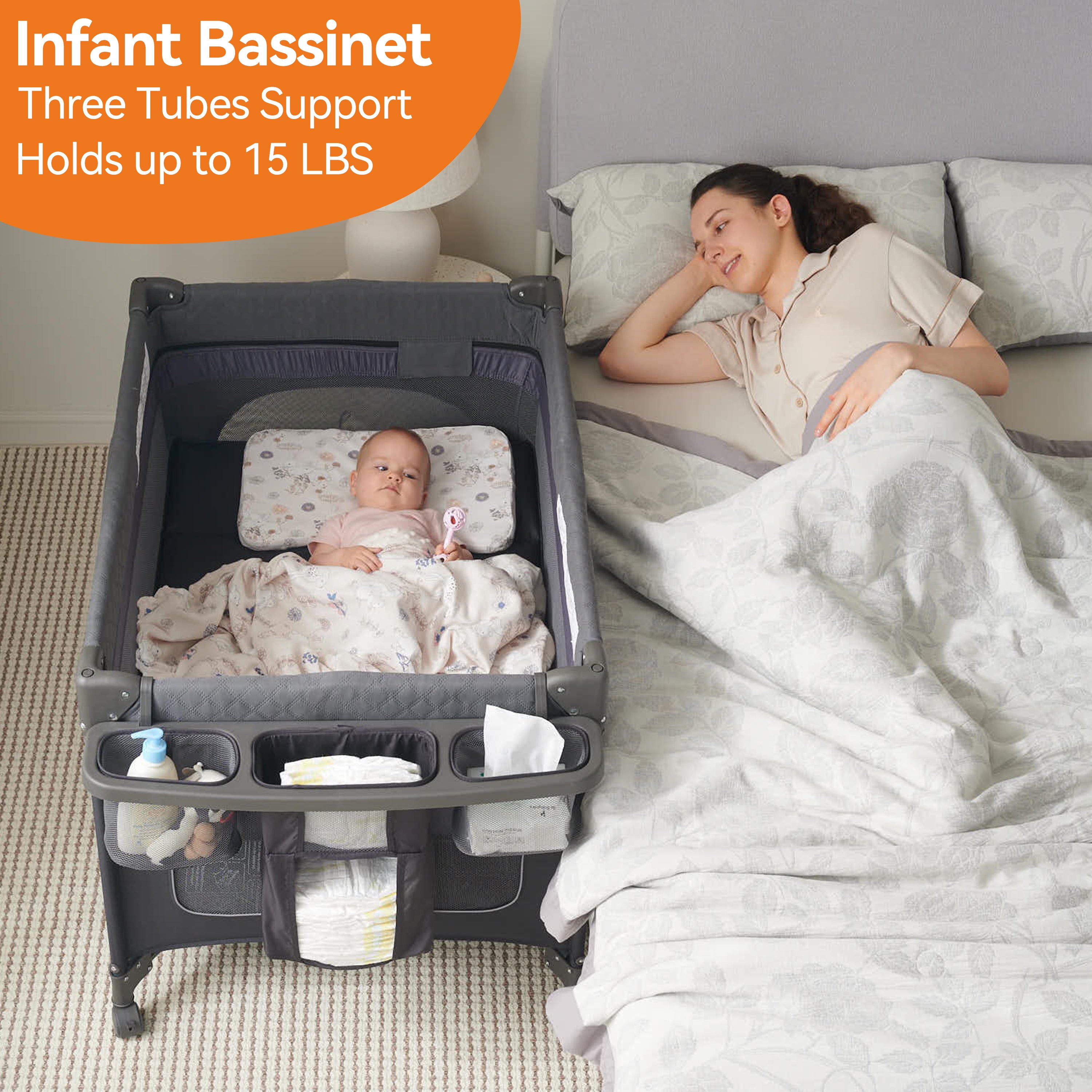 Pamo Babe 1-Second Setup 3-in-1 Playard for Babies - Heavy-Duty Steel Frame for Safe Sleep Space, Portable Crib with Zip Door & Changing Table, Locking Wheels, Breathable Mesh