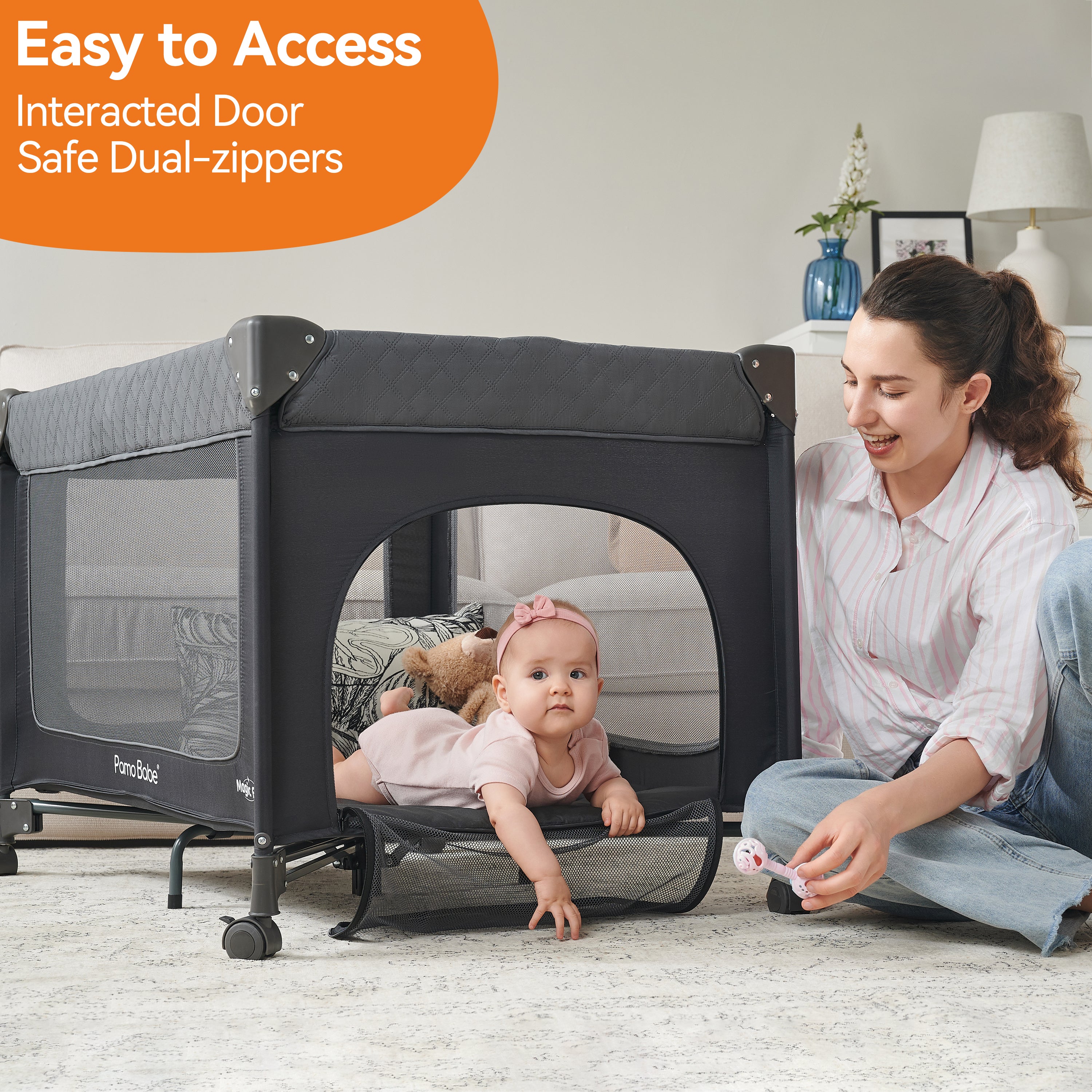 Pamo Babe 1-Second Setup 3-in-1 Playard for Babies - Heavy-Duty Steel Frame for Safe Sleep Space, Portable Crib with Zip Door & Changing Table, Locking Wheels, Breathable Mesh