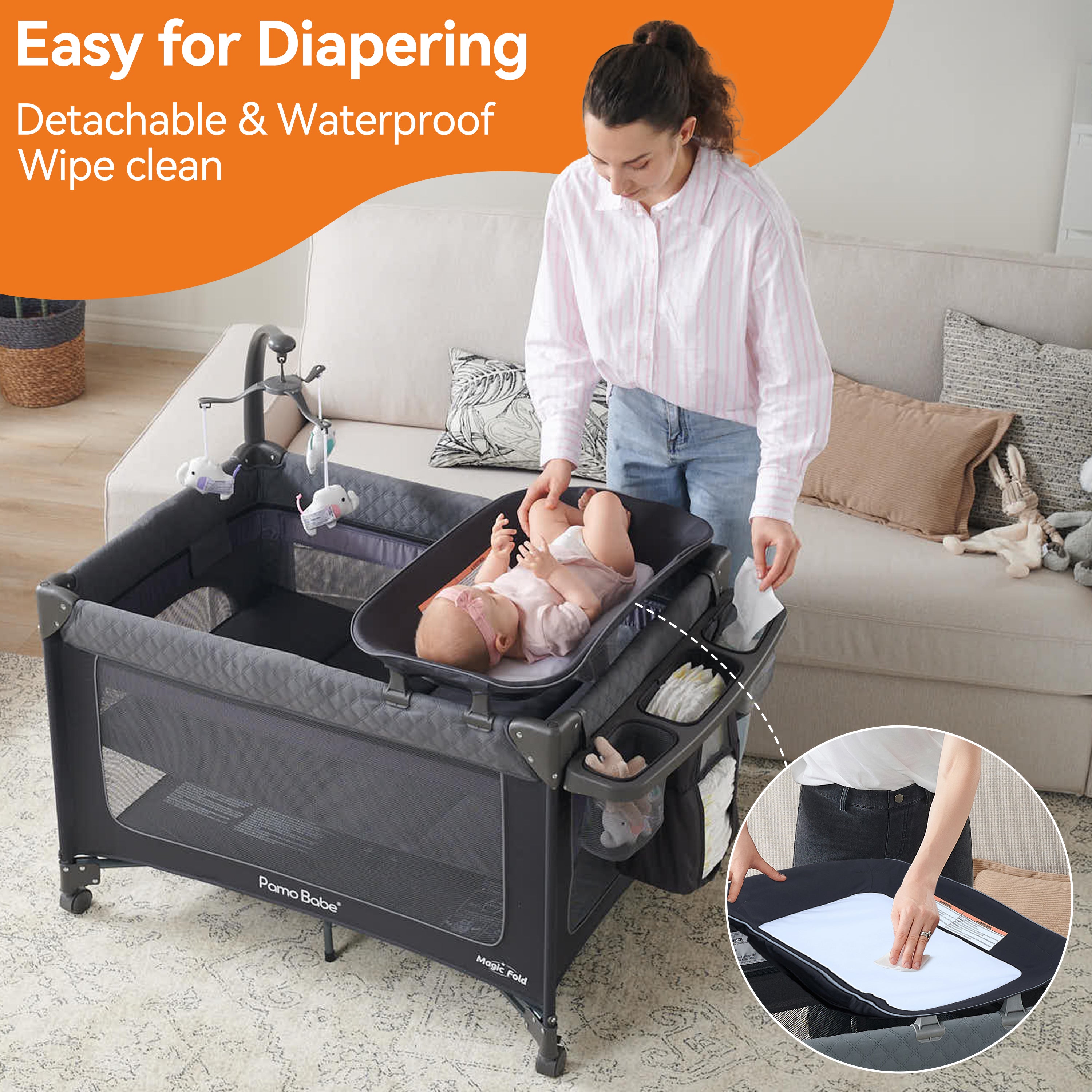 Pamo Babe 1-Second Setup 3-in-1 Playard for Babies - Heavy-Duty Steel Frame for Safe Sleep Space, Portable Crib with Zip Door & Changing Table, Locking Wheels, Breathable Mesh