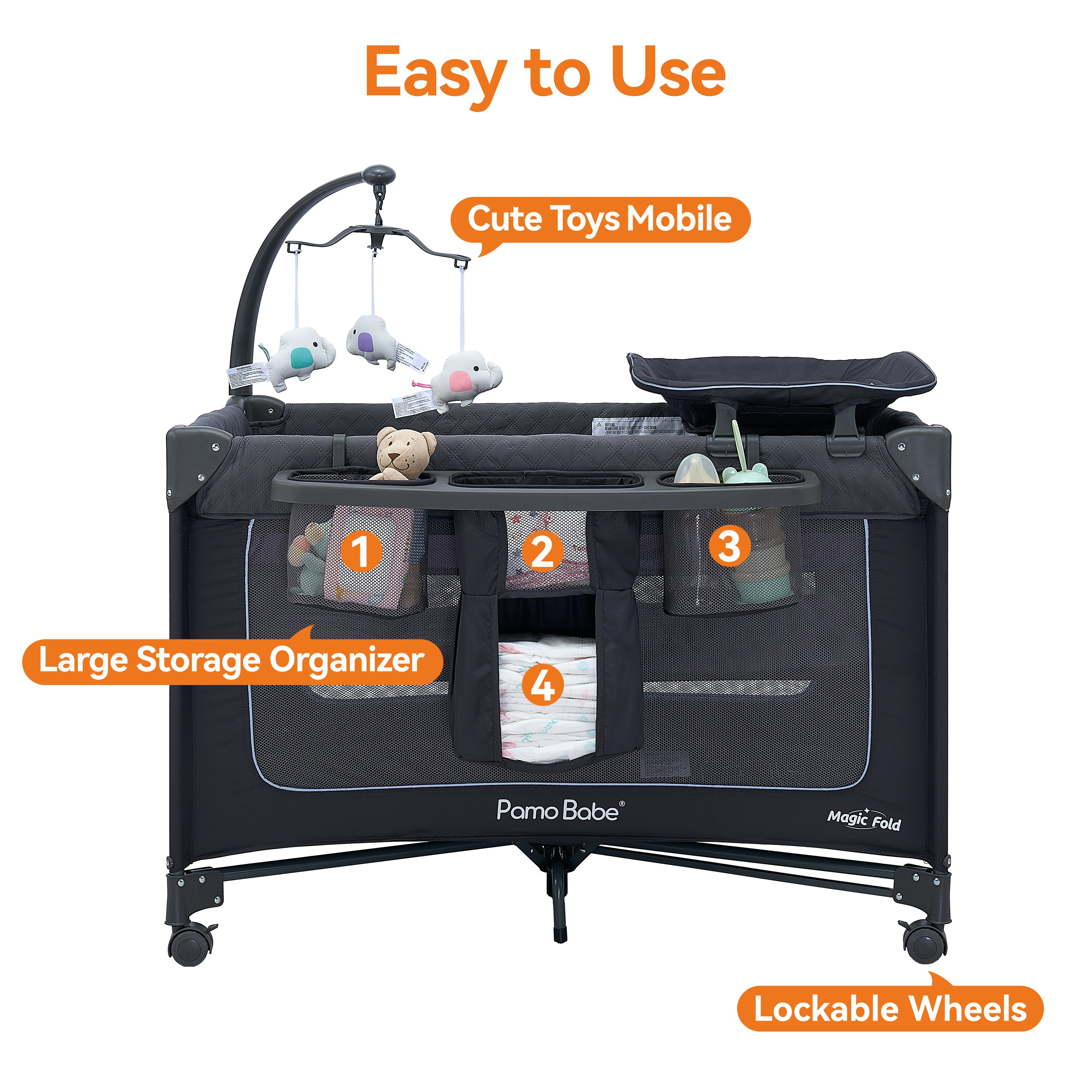 Pamo Babe 1-Second Setup 3-in-1 Playard for Babies - Heavy-Duty Steel Frame for Safe Sleep Space, Portable Crib with Zip Door & Changing Table, Locking Wheels, Breathable Mesh