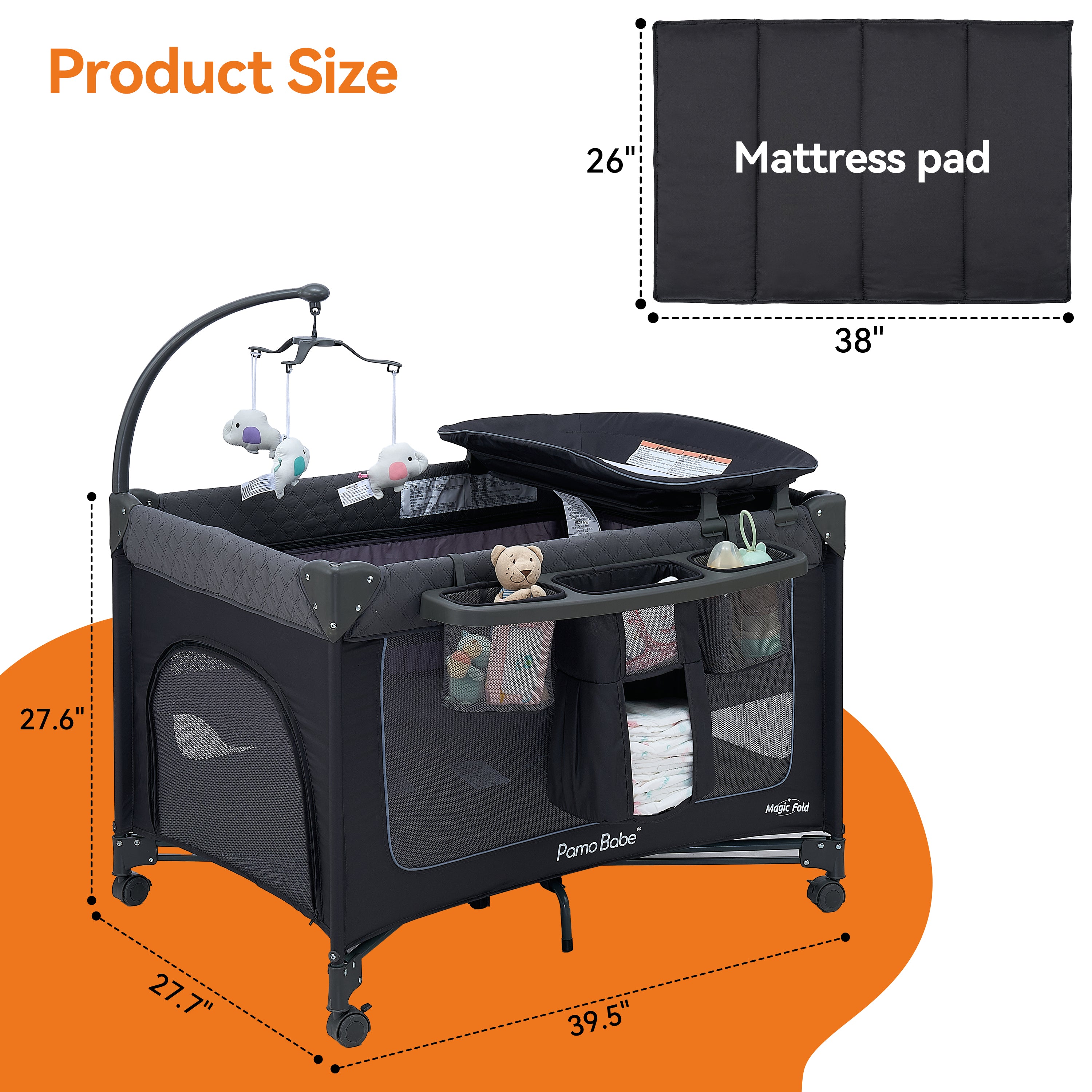 Pamo Babe 1-Second Setup 3-in-1 Playard for Babies - Heavy-Duty Steel Frame for Safe Sleep Space, Portable Crib with Zip Door & Changing Table, Locking Wheels, Breathable Mesh