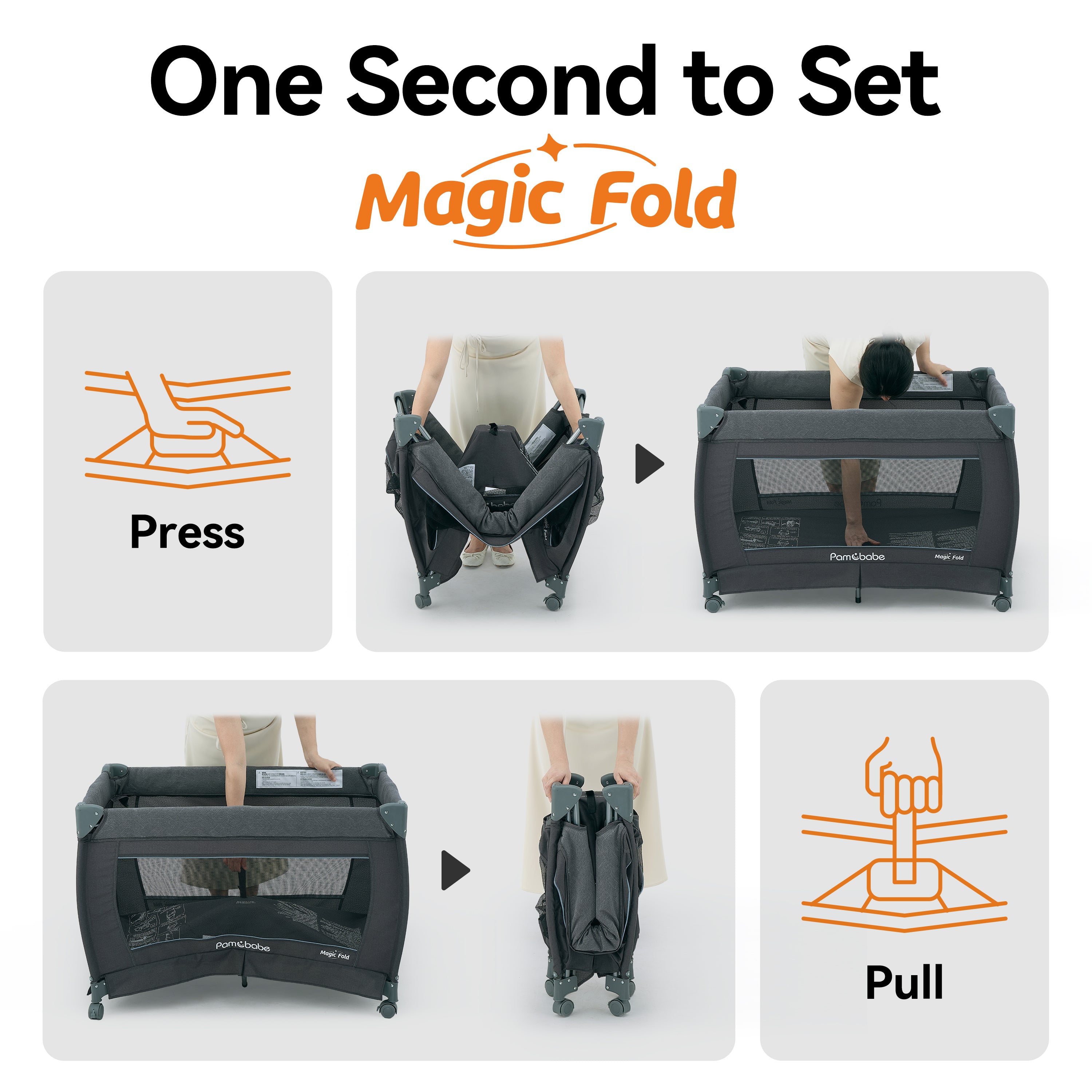 Pamo Babe 1-Second Setup 4-in-1 Playard for Babies - Heavy-Duty Steel Frame for Safe Sleep Space, Portable Crib with Changing Table, Locking Wheels, Breathable Mesh