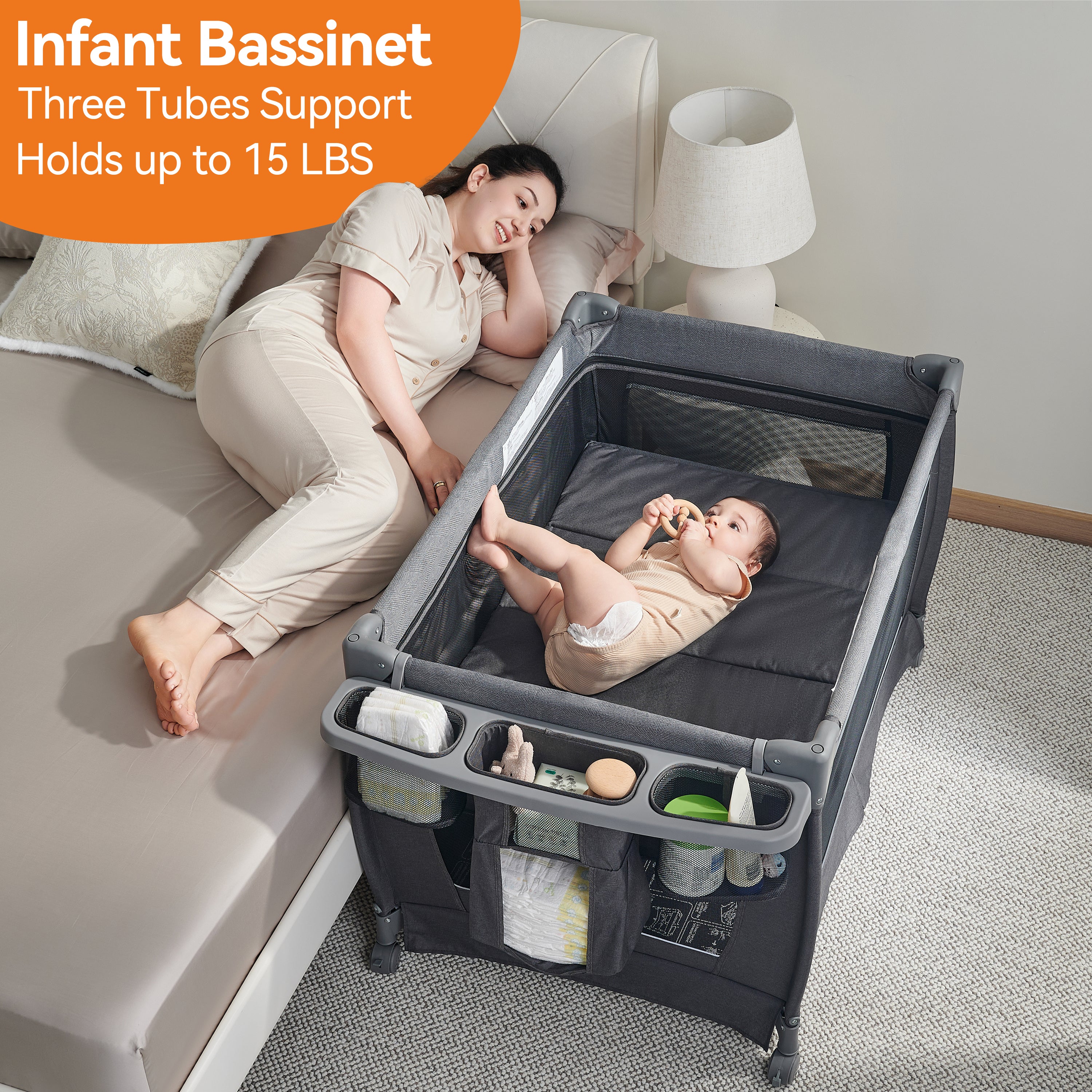 Pamo Babe 1-Second Setup 4-in-1 Playard for Babies - Heavy-Duty Steel Frame for Safe Sleep Space, Portable Crib with Changing Table, Locking Wheels, Breathable Mesh