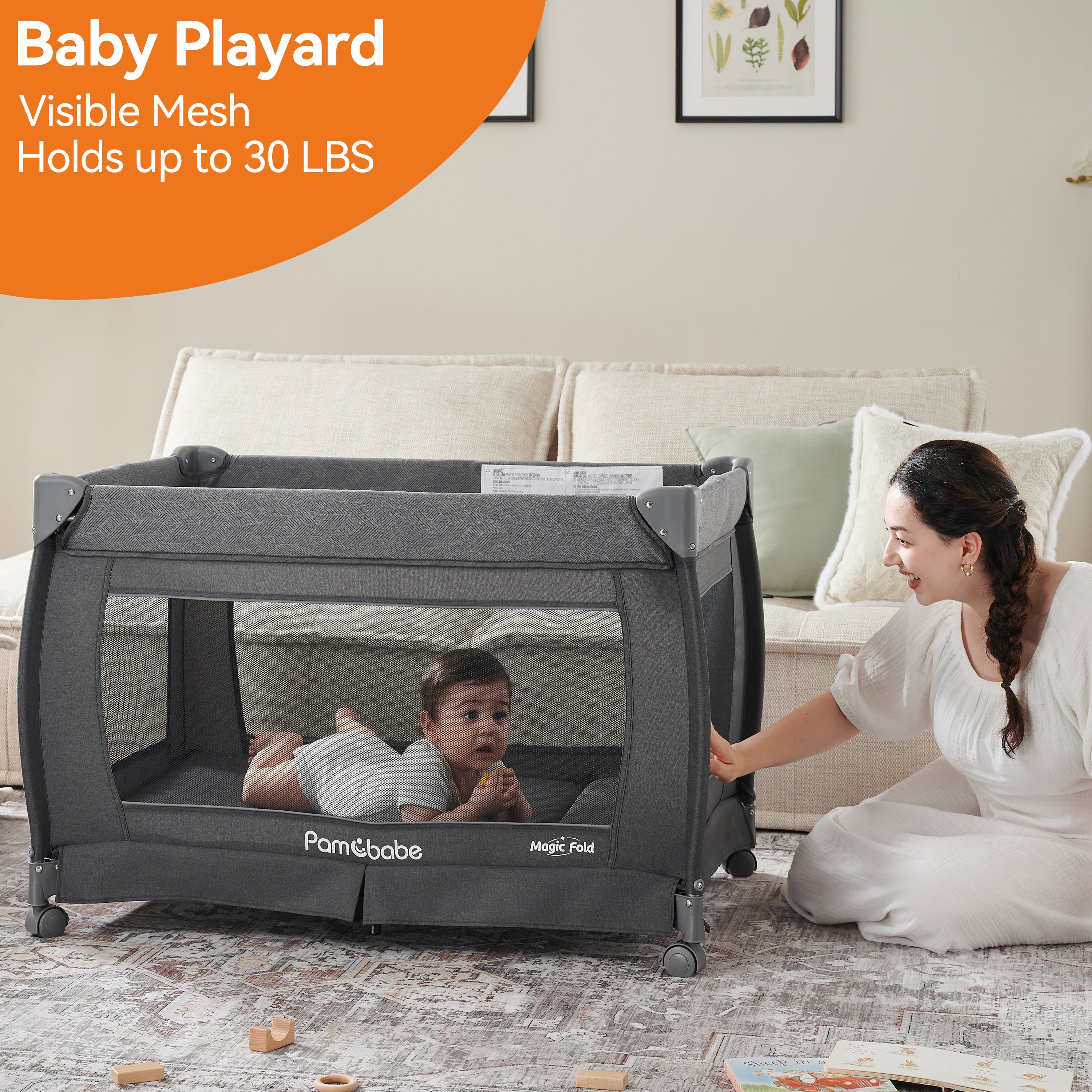 Pamo Babe 1-Second Setup 4-in-1 Playard for Babies - Heavy-Duty Steel Frame for Safe Sleep Space, Portable Crib with Changing Table, Locking Wheels, Breathable Mesh