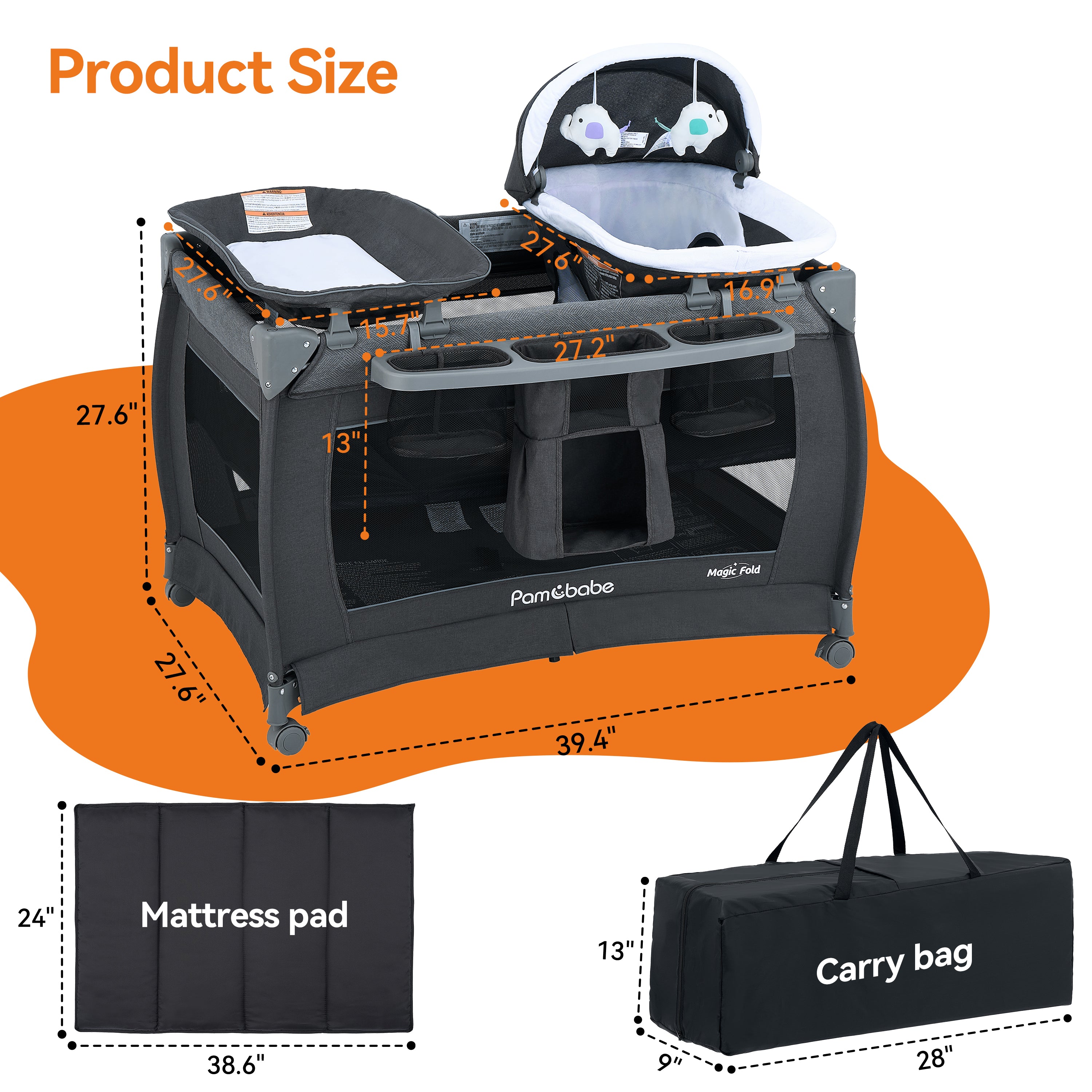 Pamo Babe 1-Second Setup 4-in-1 Playard for Babies - Heavy-Duty Steel Frame for Safe Sleep Space, Portable Crib with Changing Table, Locking Wheels, Breathable Mesh