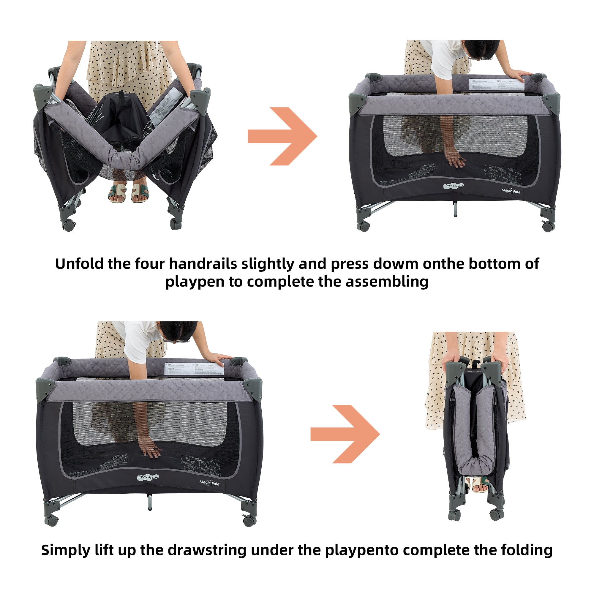 Pamo Babe Unisex Magic Fold 1 Step Portable Baby Play Yard Include Wheels, Canopy, Changing Table for Newborn(Grey)