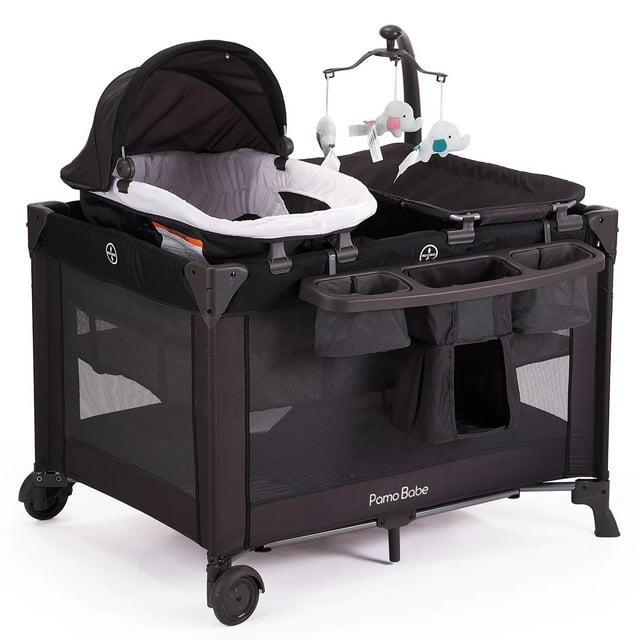 Pamo Babe Unisex Playard with Bassinet & Changing Table, Black