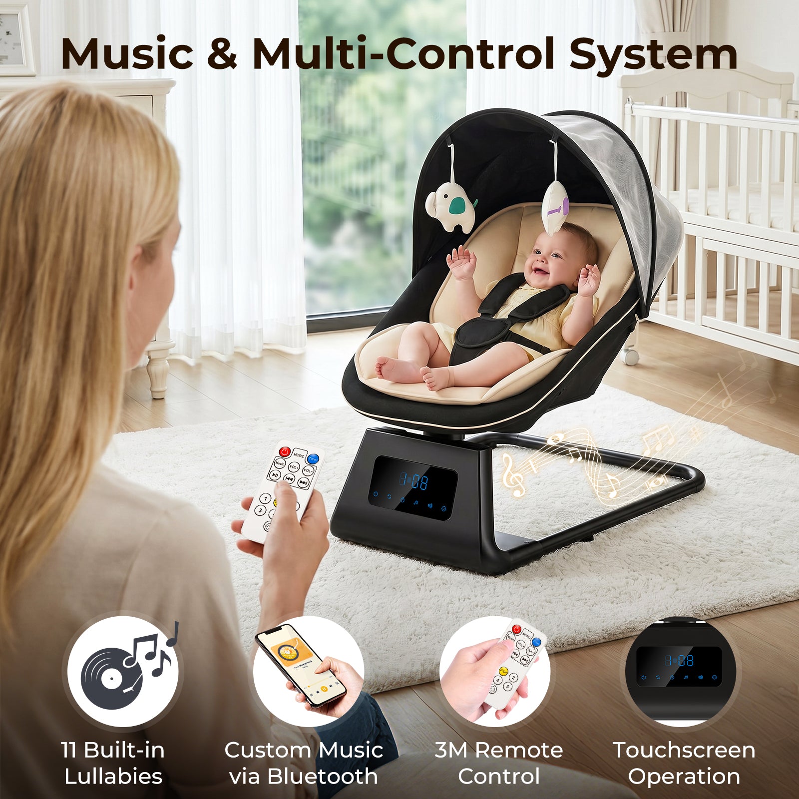 Pamo Babe Portable Baby Swing - Electric Baby Rocker with Cry Detection, 5 Swing Speeds, Bluetooth & Remote Control, Adjustable Backrest, Indoor & Outdoor Swing Chair for Newborn Babies