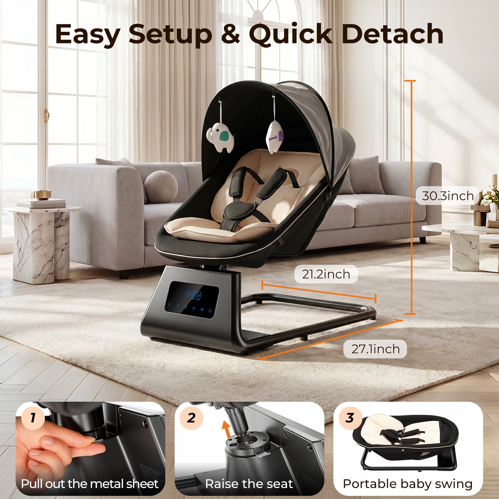 Pamo Babe Portable Baby Swing - Electric Baby Rocker with Cry Detection, 5 Swing Speeds, Bluetooth & Remote Control, Adjustable Backrest, Indoor & Outdoor Swing Chair for Newborn Babies