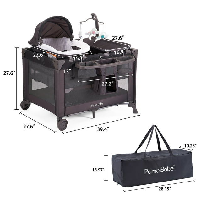 Pamo Babe Unisex Playard with Bassinet & Changing Table, Black
