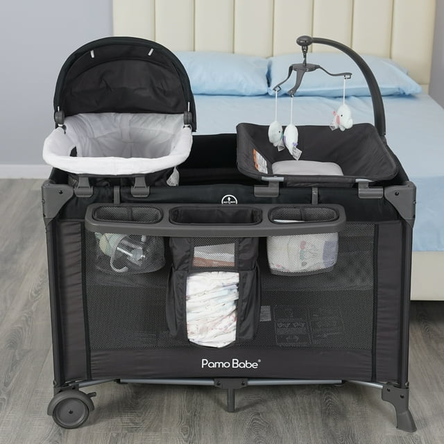Pamo Babe Unisex Playard with Bassinet & Changing Table, Black