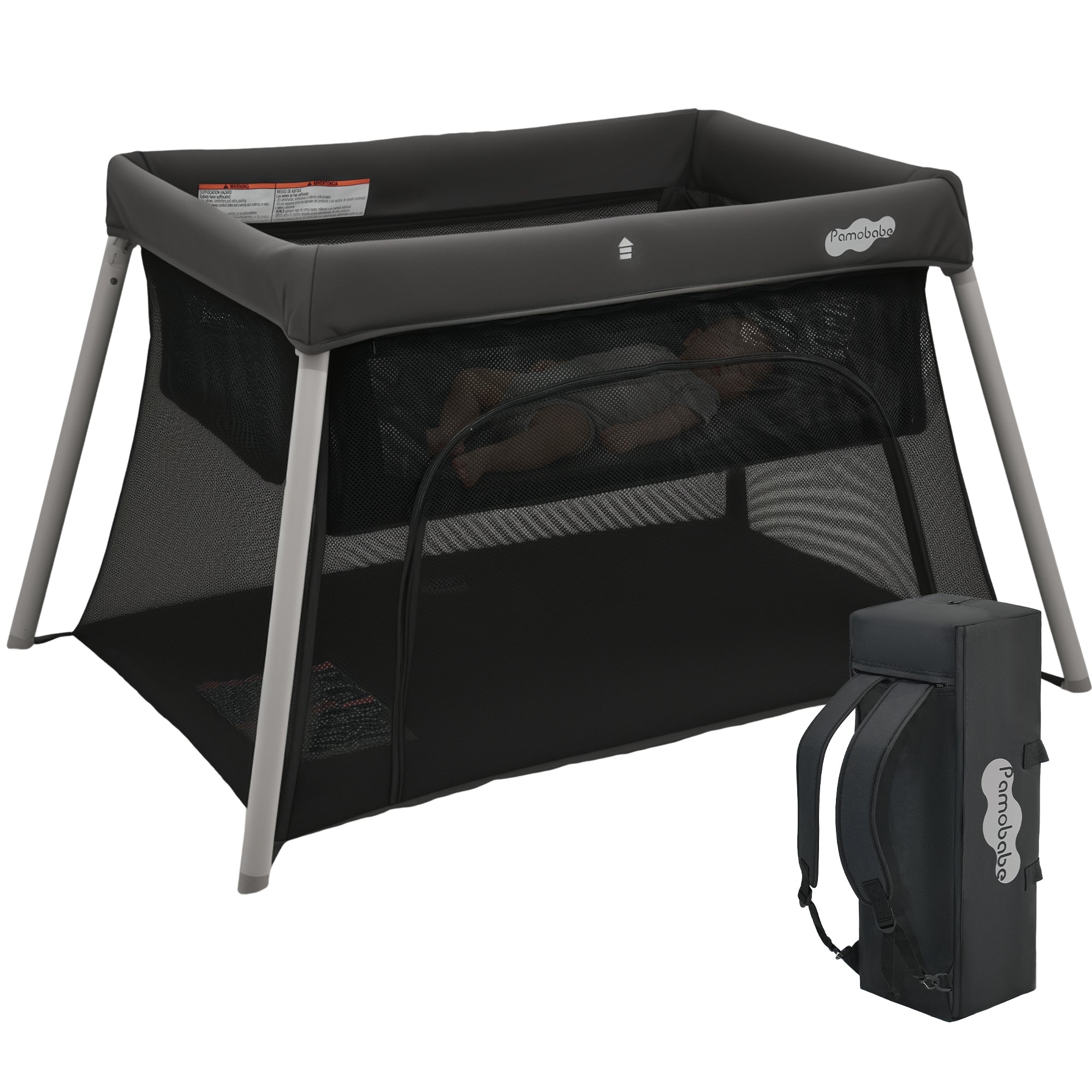 Pamo Babe Travel Crib with Bassinet, Portable Crib with Mattress for Baby Easy Setup Pack and Play Lightweight Backpack Portable Playpen with Zipper Access Door for Travel Holiday Gift - Grey