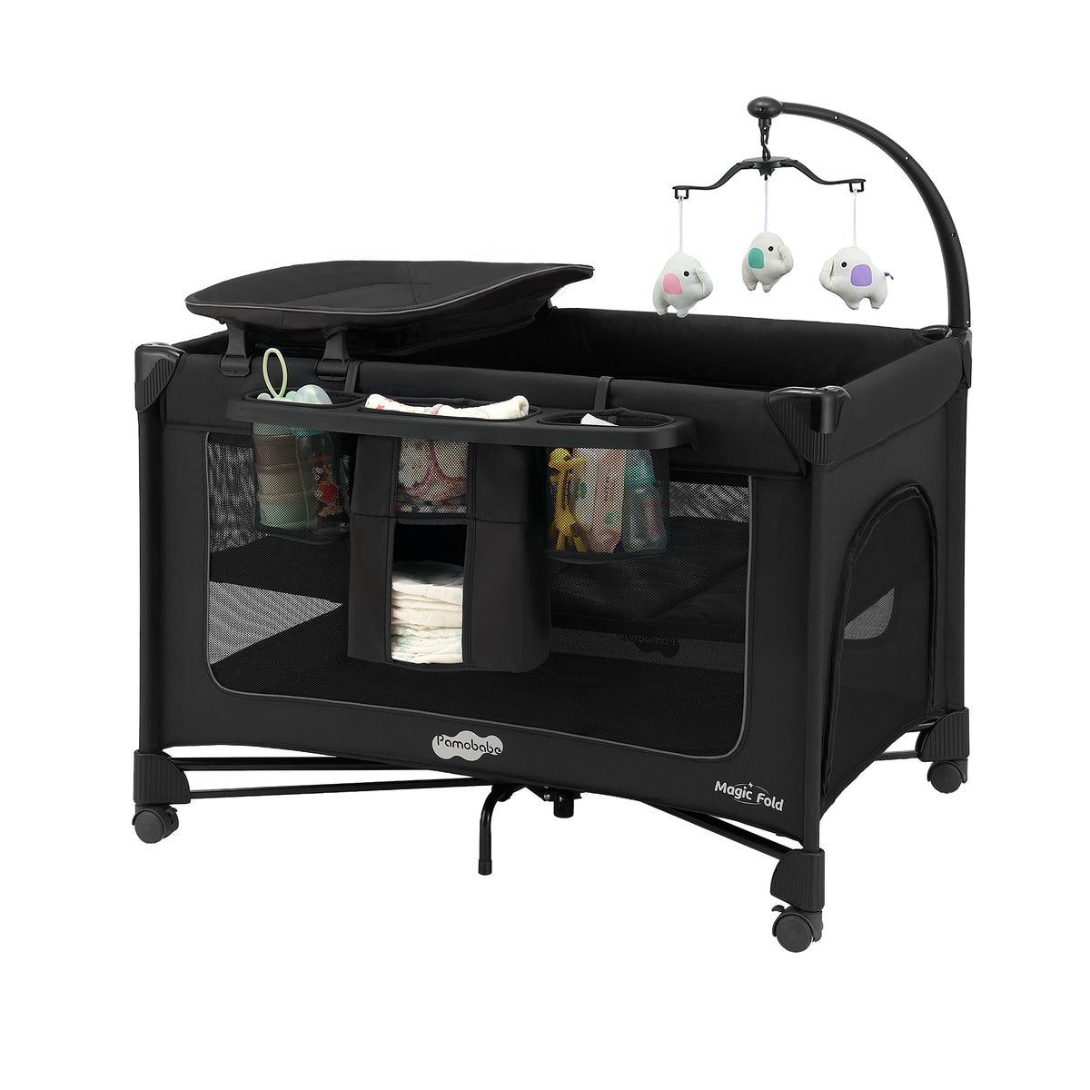 Pamo Babe 1 Step Set Pack and Play with Bassinet Foldable Playards Baby Playard with Changing Table Portable Playpen with Zip Door (Black)