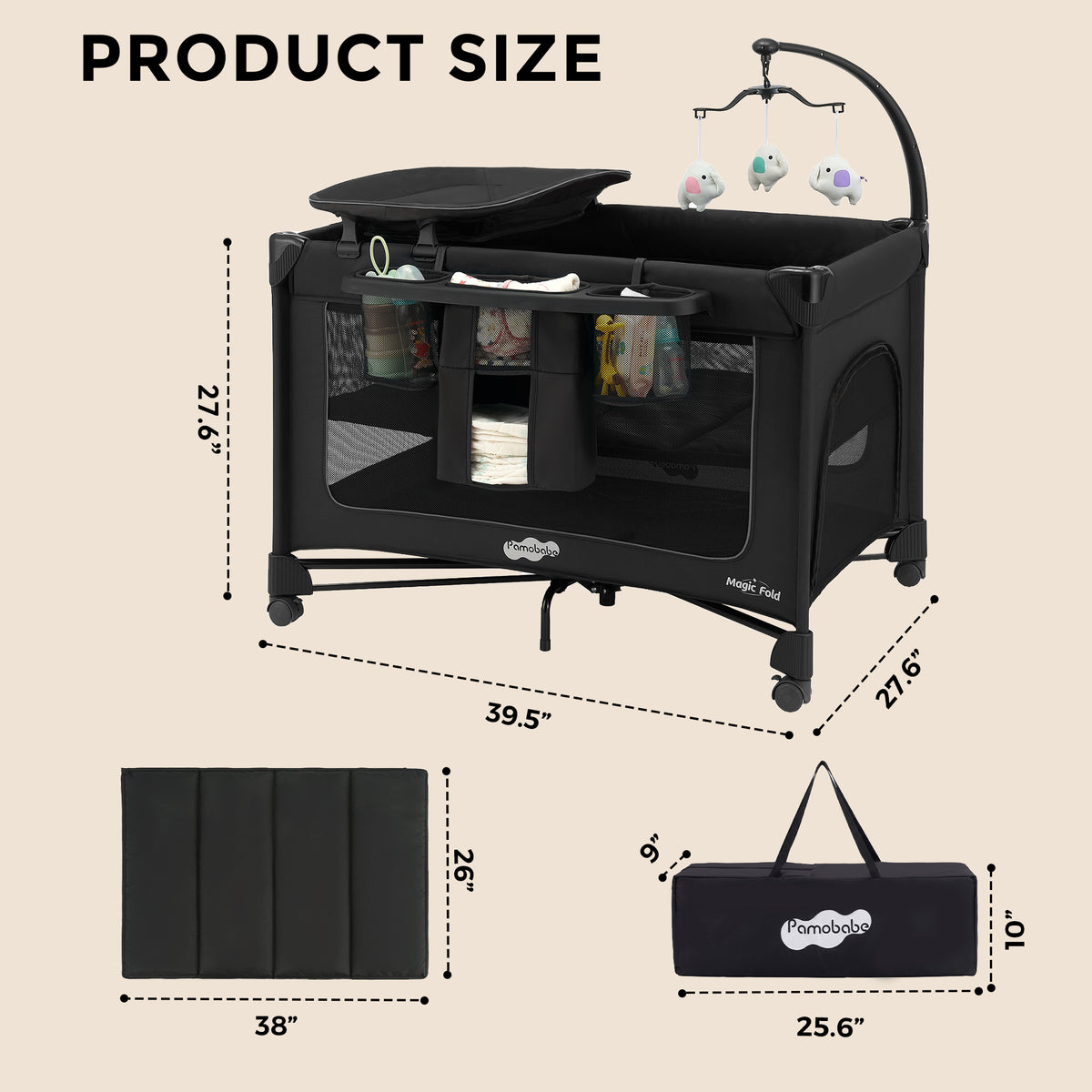 Pamo Babe 1 Step Set Pack and Play with Bassinet Foldable Playards Baby Playard with Changing Table Portable Playpen with Zip Door (Black)