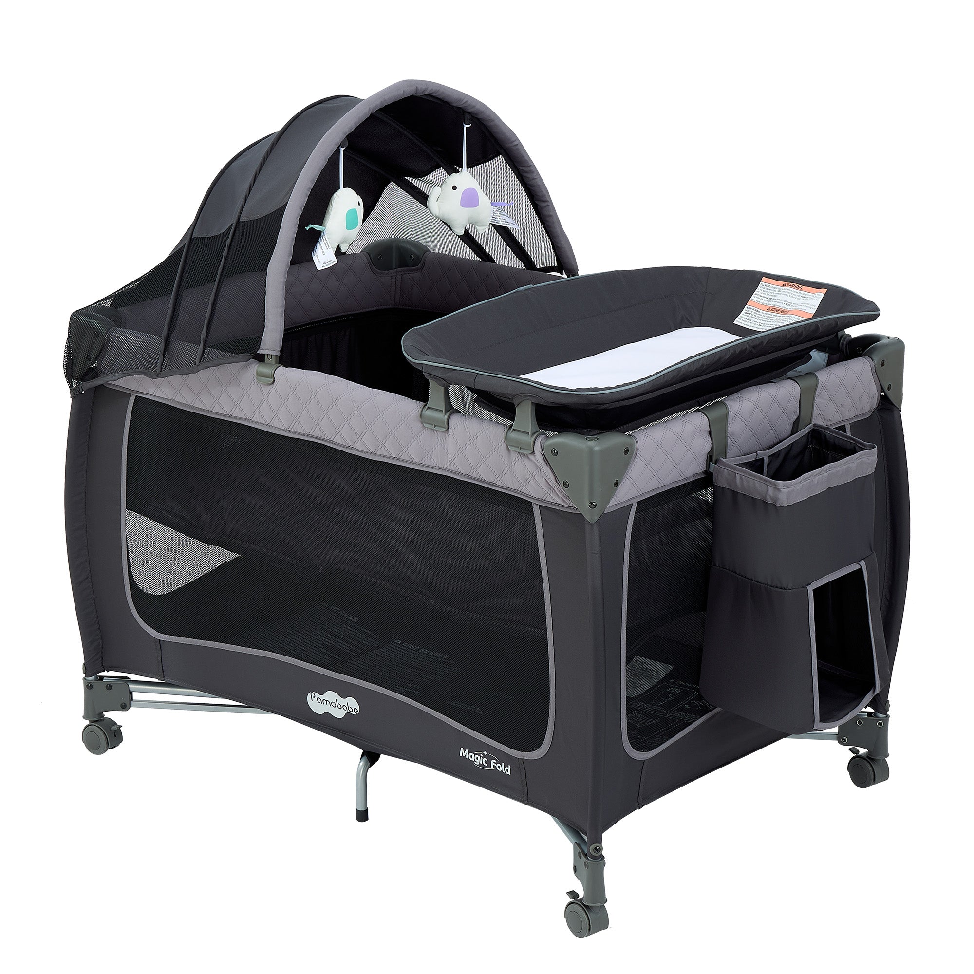 Pamo Babe Unisex Magic Fold 1 Step Portable Baby Play Yard Include Wheels, Canopy, Changing Table for Newborn(Grey)