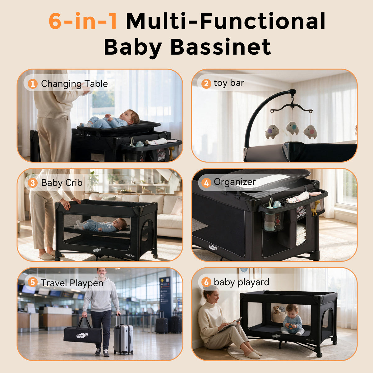Pamo Babe 1 Step Set Pack and Play with Bassinet Foldable Playards Baby Playard with Changing Table Portable Playpen with Zip Door (Black)