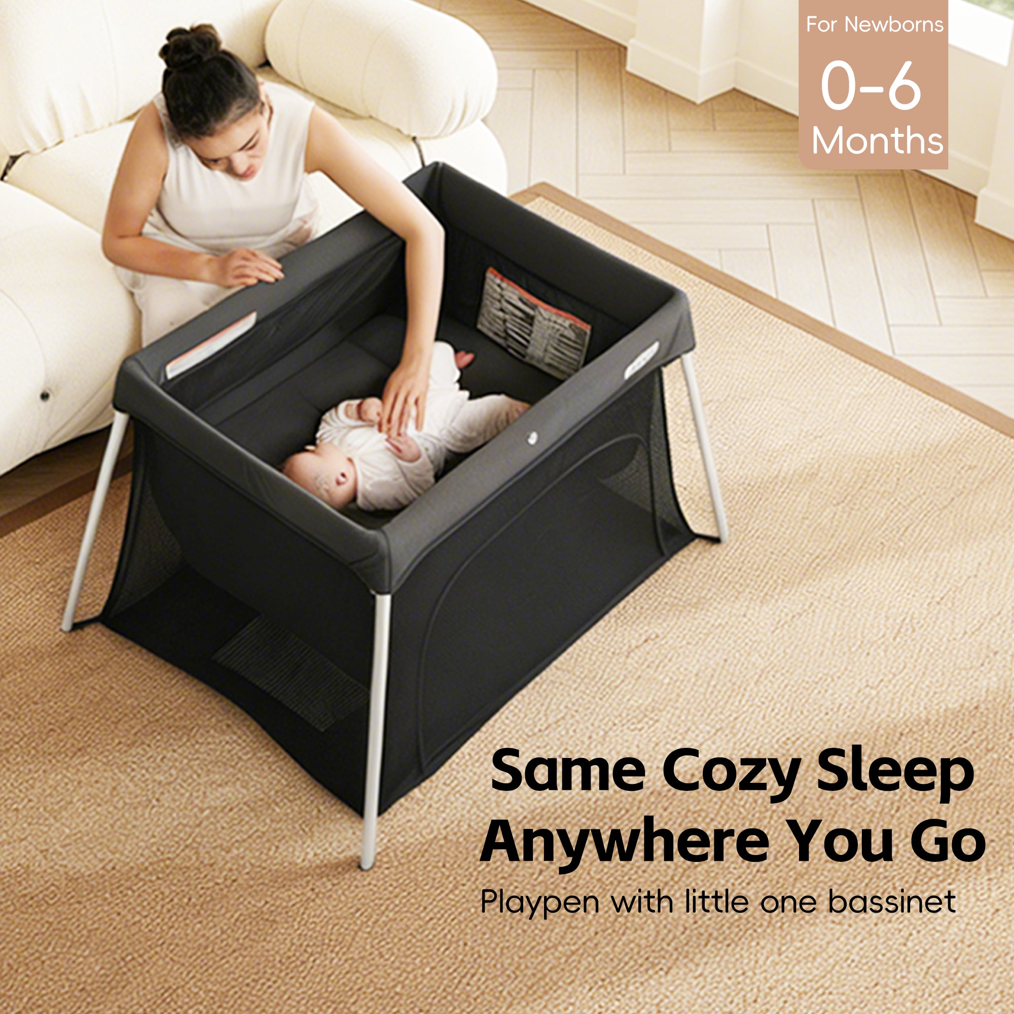 Pamo Babe Travel Crib with Bassinet, Portable Crib with Mattress for Baby Easy Setup Pack and Play Lightweight Backpack Portable Playpen with Zipper Access Door for Travel Holiday Gift - Grey