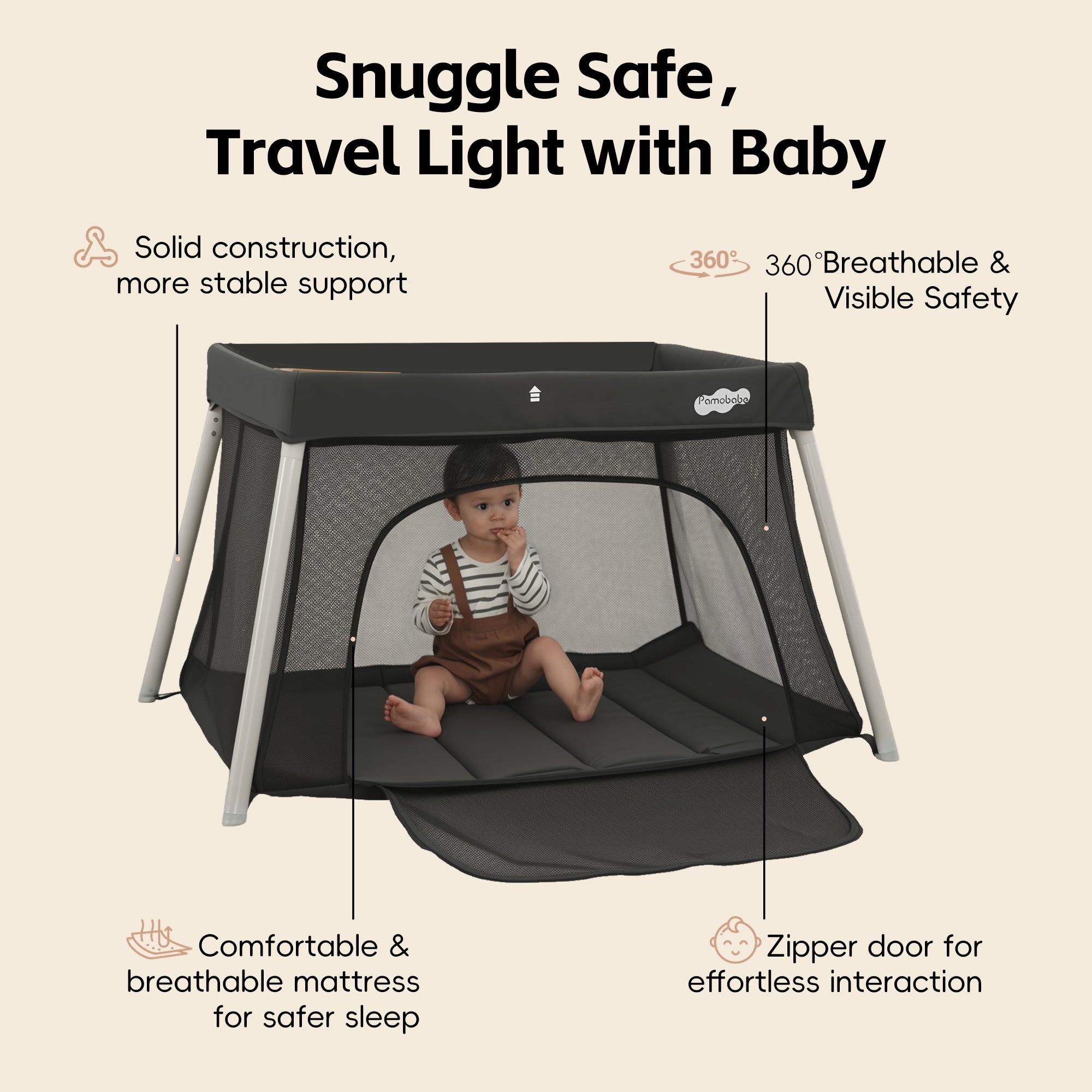 Pamo Babe Travel Crib with Bassinet, Portable Crib with Mattress for Baby Easy Setup Pack and Play Lightweight Backpack Portable Playpen with Zipper Access Door for Travel Holiday Gift - Grey