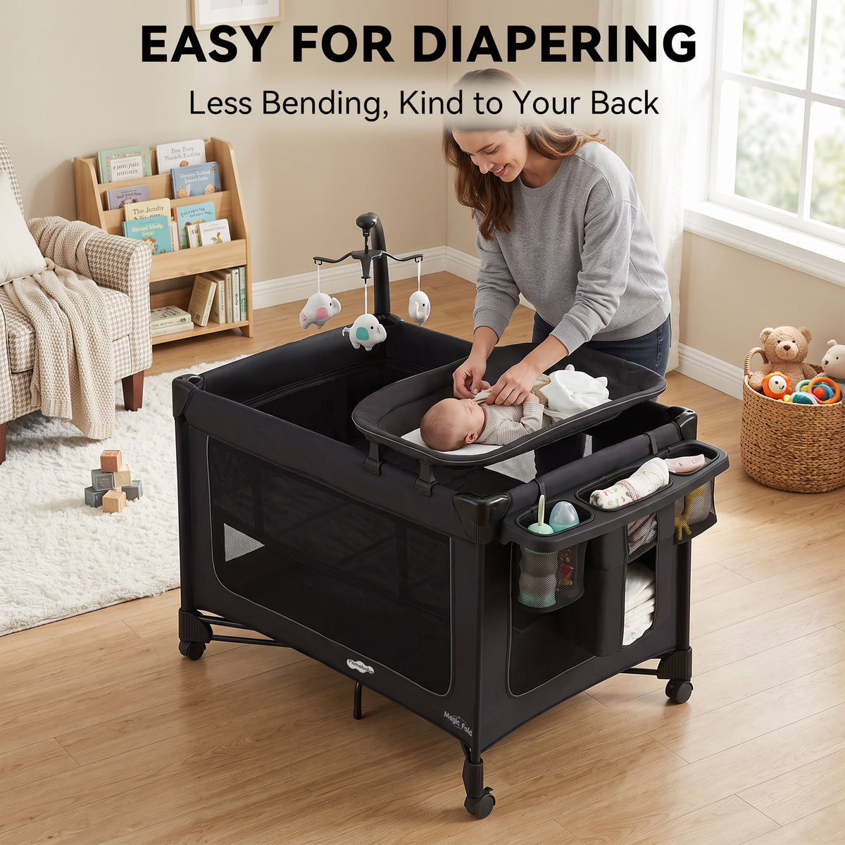 Pamo Babe 1 Step Set Pack and Play with Bassinet Foldable Playards Baby Playard with Changing Table Portable Playpen with Zip Door (Black)